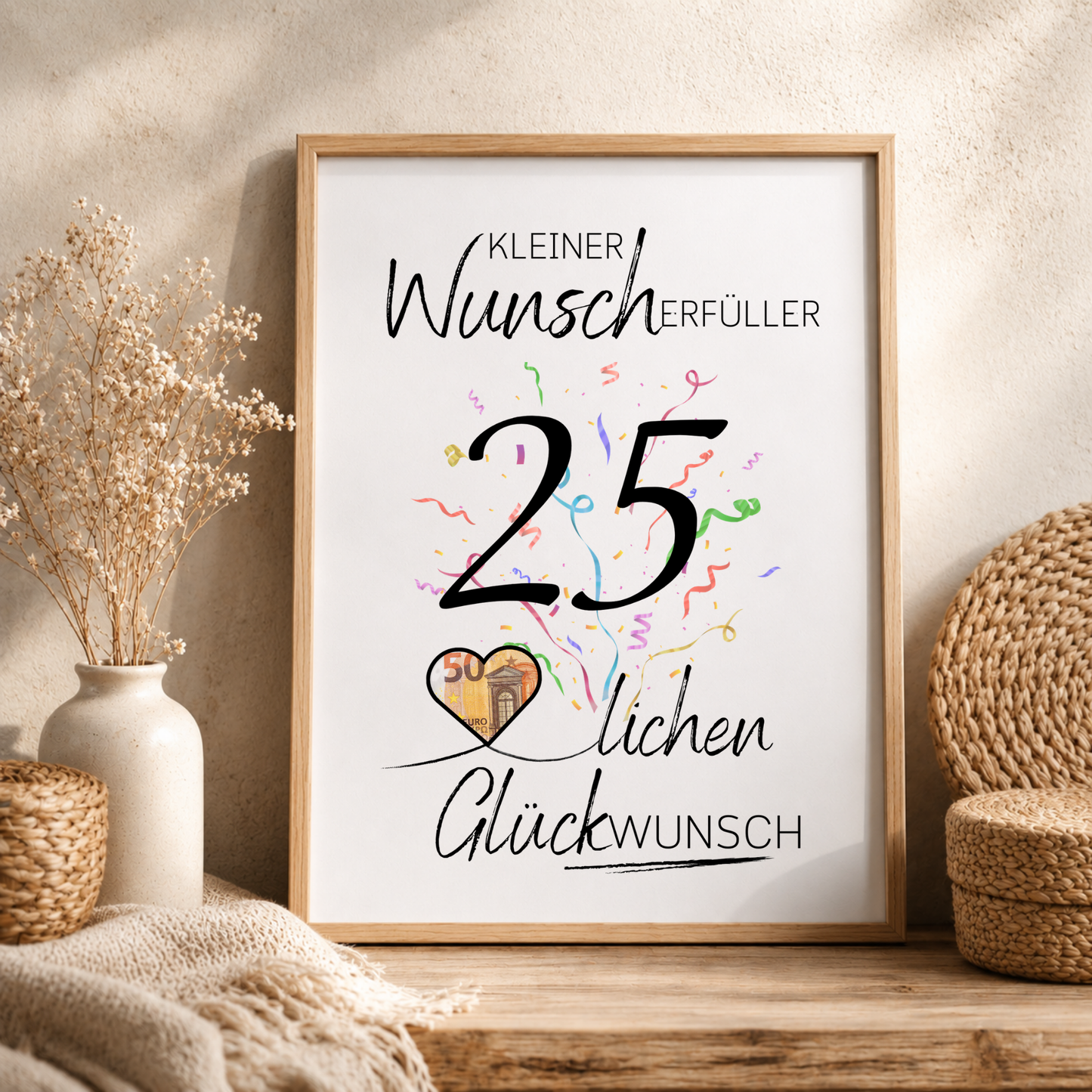 Geldgeschenk 25. Geburtstag Printable mit großer Zahl 25, Konfetti, Herz für Geldschein und Schriftzug Kleiner Wunscherfüller Glückwunsch als Digital Download