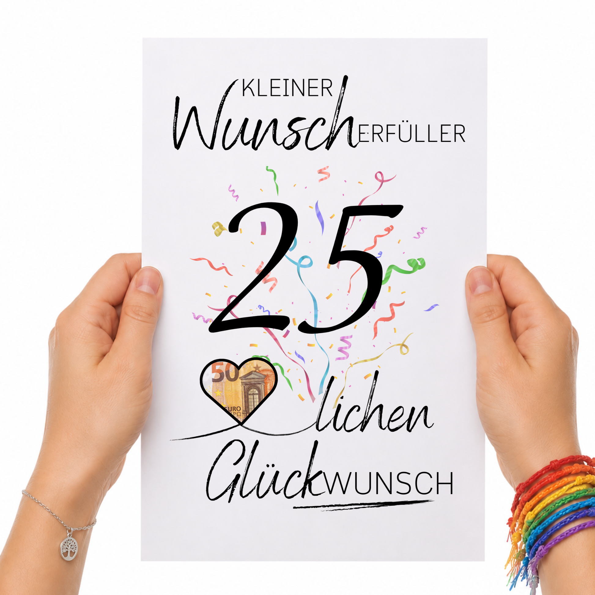 Geldgeschenk 25. Geburtstag Printable mit großer Zahl 25, Konfetti, Herz für Geldschein und Schriftzug Kleiner Wunscherfüller Glückwunsch als Digital Download