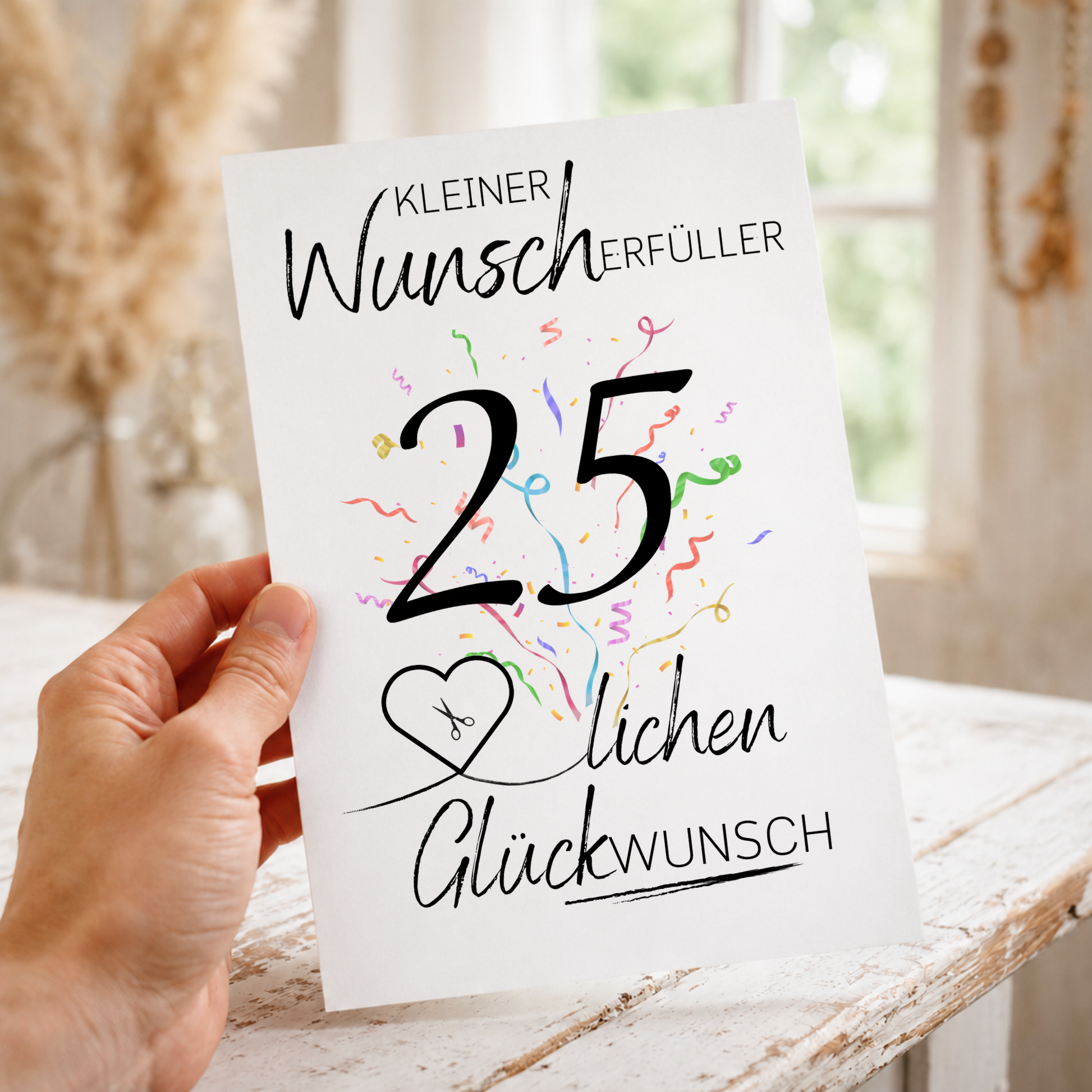 Geldgeschenk 25. Geburtstag Printable mit großer Zahl 25, Konfetti, Herz für Geldschein und Schriftzug Kleiner Wunscherfüller Glückwunsch als Digital Download