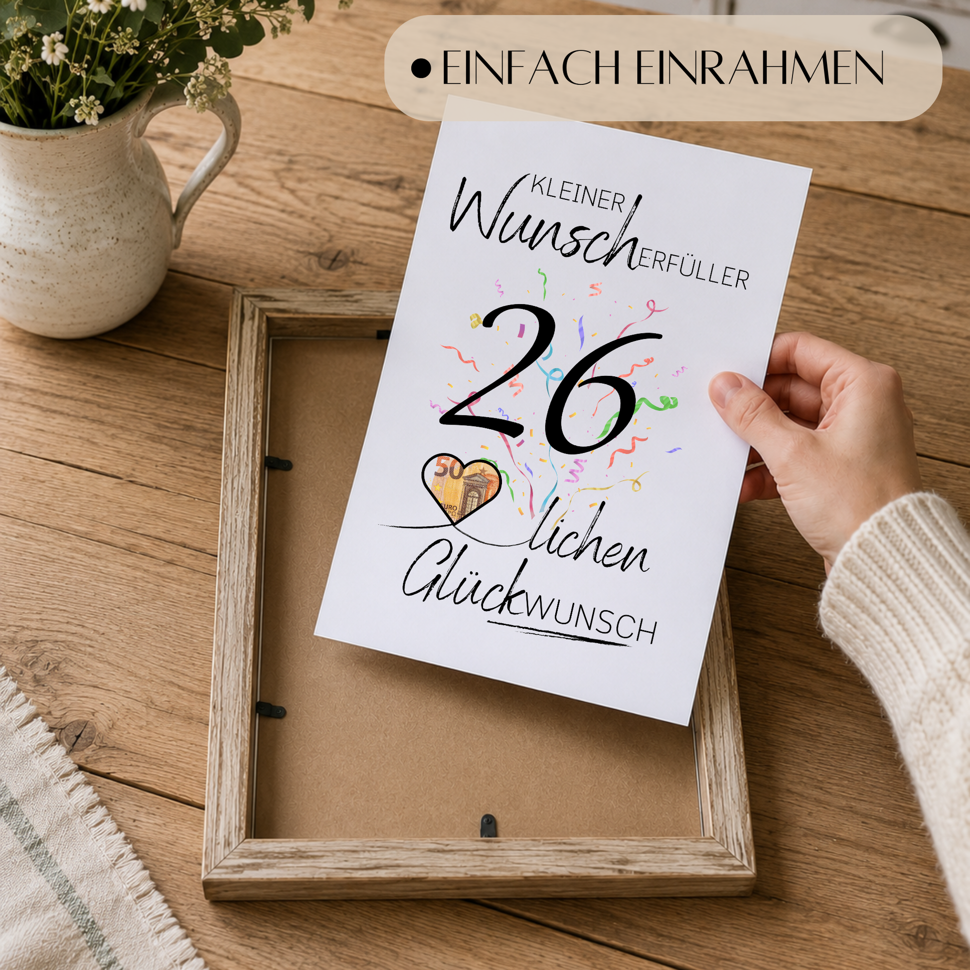 Geldgeschenk 26. Geburtstag Printable mit Konfetti, Herz für Geldschein, Wunscherfüller Design, Digital Download DIN A4 zum Ausdrucken