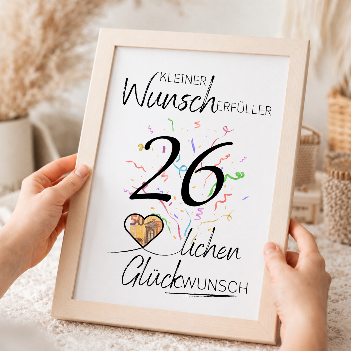 Geldgeschenk 26. Geburtstag Printable mit Konfetti, Herz für Geldschein, Wunscherfüller Design, Digital Download DIN A4 zum Ausdrucken