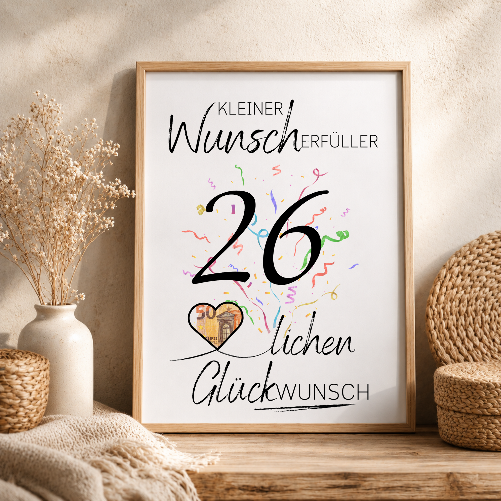 Geldgeschenk 26. Geburtstag Printable mit Konfetti, Herz für Geldschein, Wunscherfüller Design, Digital Download DIN A4 zum Ausdrucken