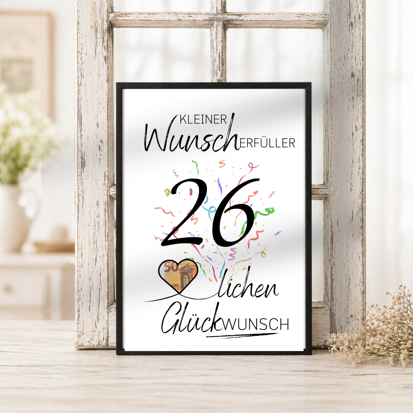 Geldgeschenk 26. Geburtstag Printable mit Konfetti, Herz für Geldschein, Wunscherfüller Design, Digital Download DIN A4 zum Ausdrucken