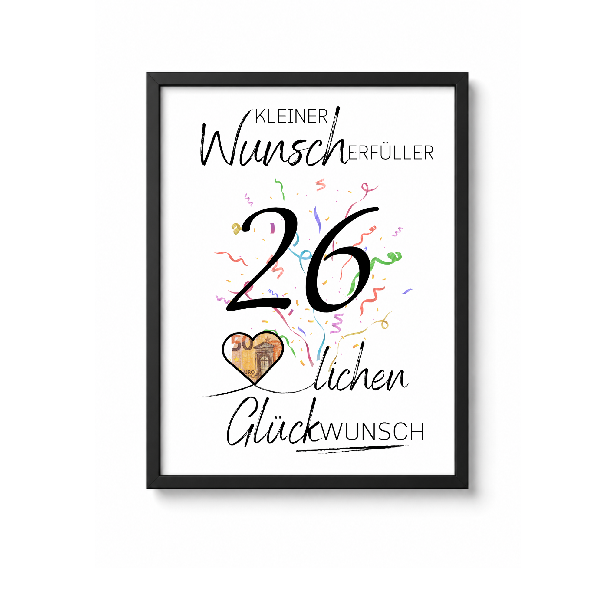 Geldgeschenk 26. Geburtstag Printable mit Konfetti, Herz für Geldschein, Wunscherfüller Design, Digital Download DIN A4 zum Ausdrucken