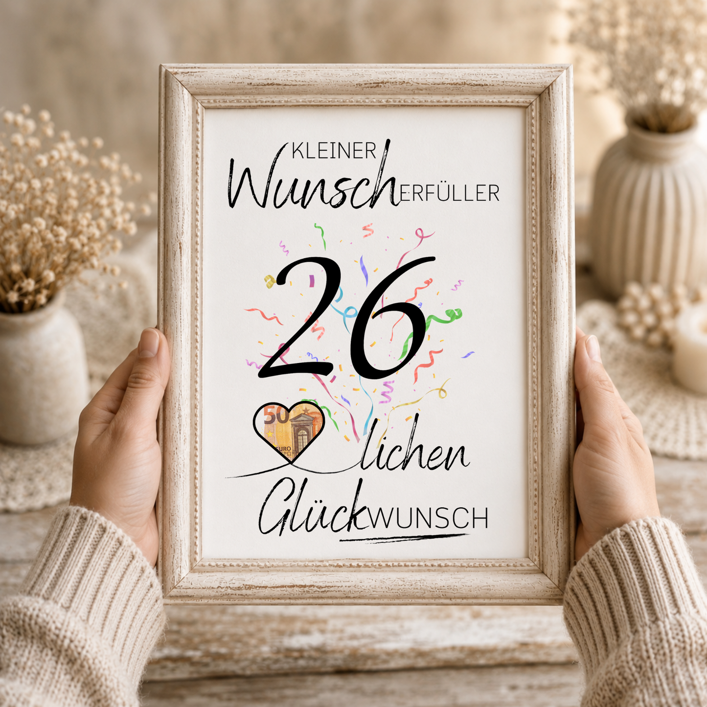 Geldgeschenk 26. Geburtstag Printable mit Konfetti, Herz für Geldschein, Wunscherfüller Design, Digital Download DIN A4 zum Ausdrucken