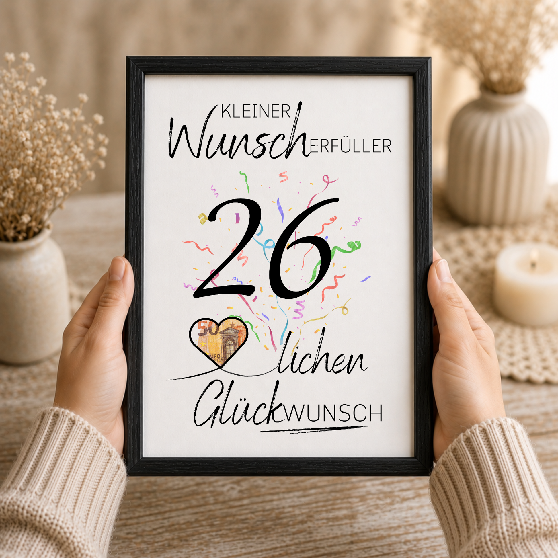 Geldgeschenk 26. Geburtstag Printable mit Konfetti, Herz für Geldschein, Wunscherfüller Design, Digital Download DIN A4 zum Ausdrucken