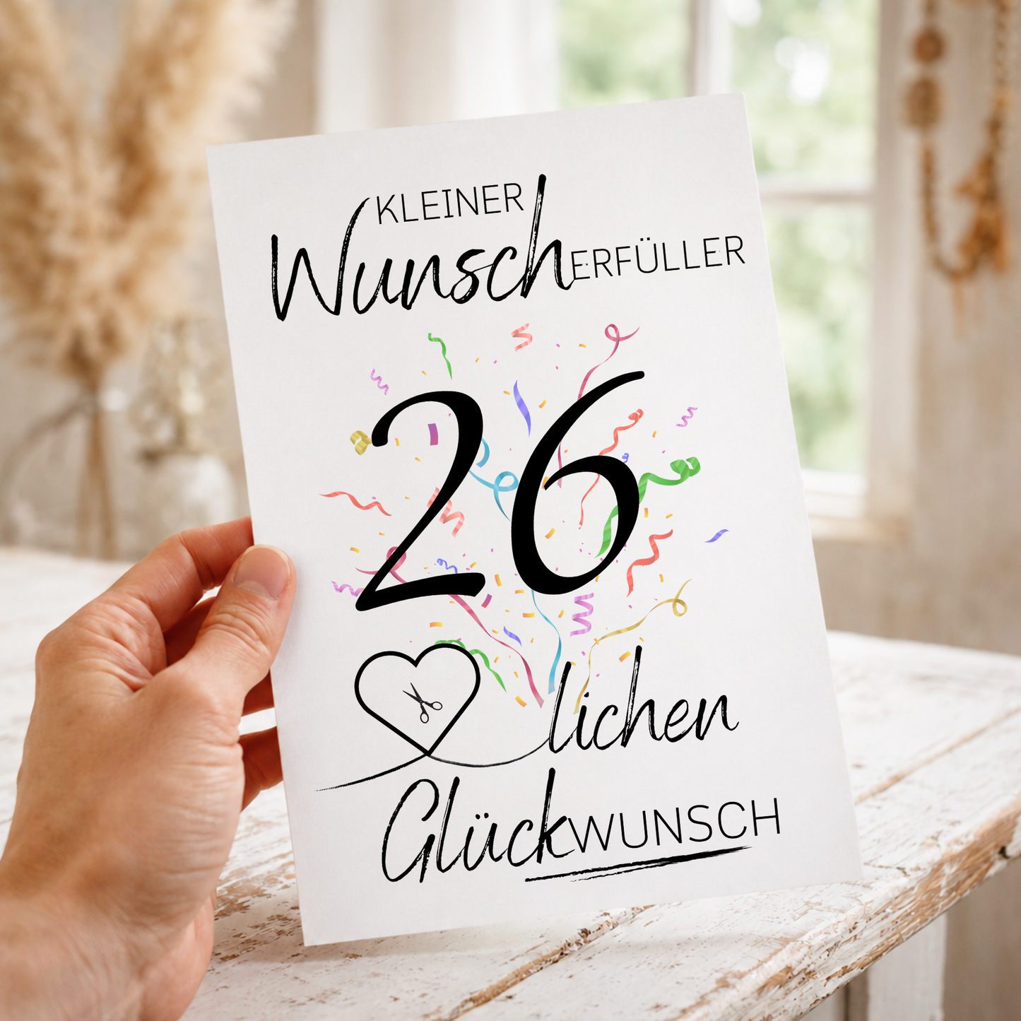 Geldgeschenk 26. Geburtstag Printable mit Konfetti, Herz für Geldschein, Wunscherfüller Design, Digital Download DIN A4 zum Ausdrucken