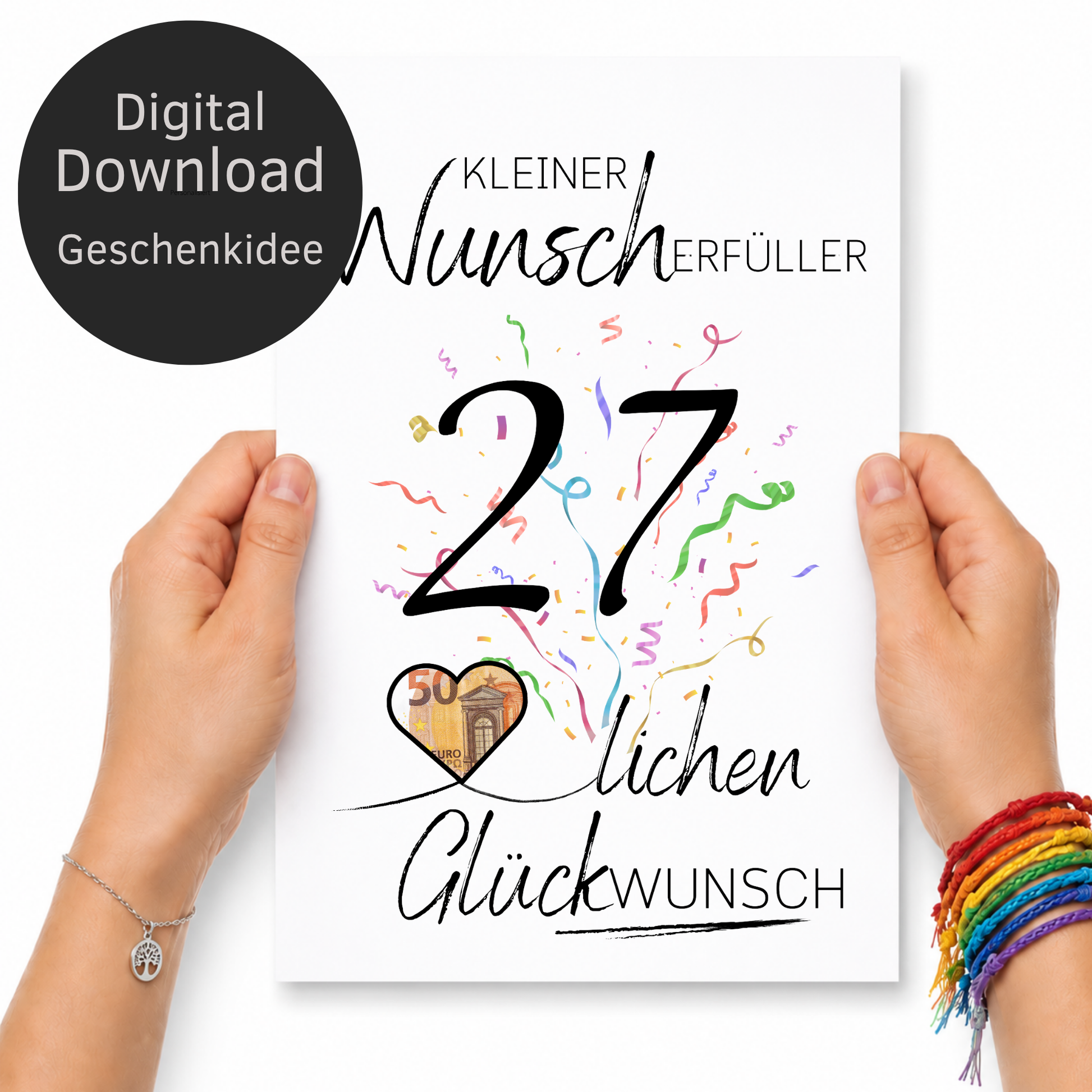 Geldgeschenk 27. Geburtstag Printable mit Konfetti, Herz für Geldschein und Schriftzug Kleiner Wunscherfüller als Digital Download DIN A4
