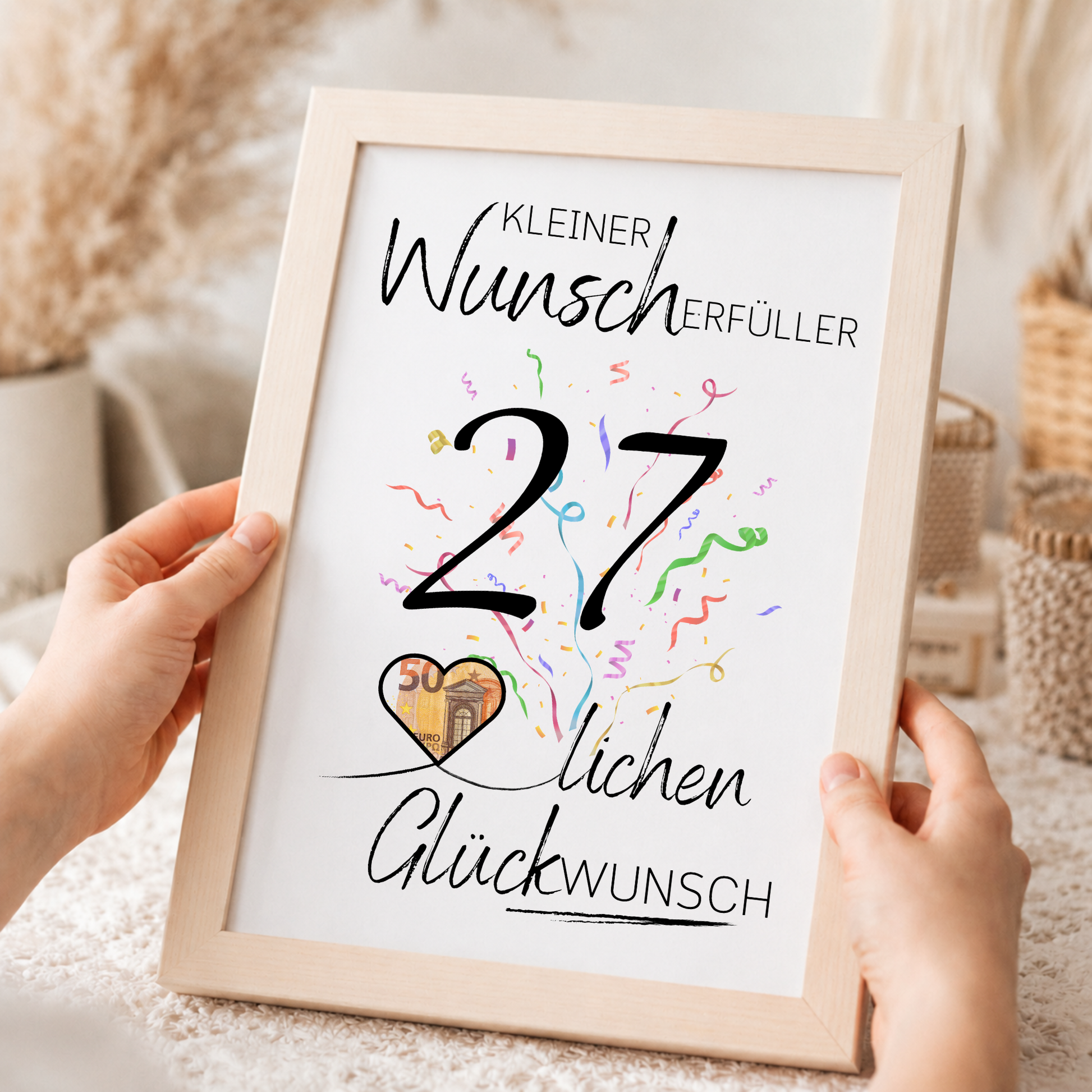 Geldgeschenk 27. Geburtstag Printable mit Konfetti, Herz für Geldschein und Schriftzug Kleiner Wunscherfüller als Digital Download DIN A4