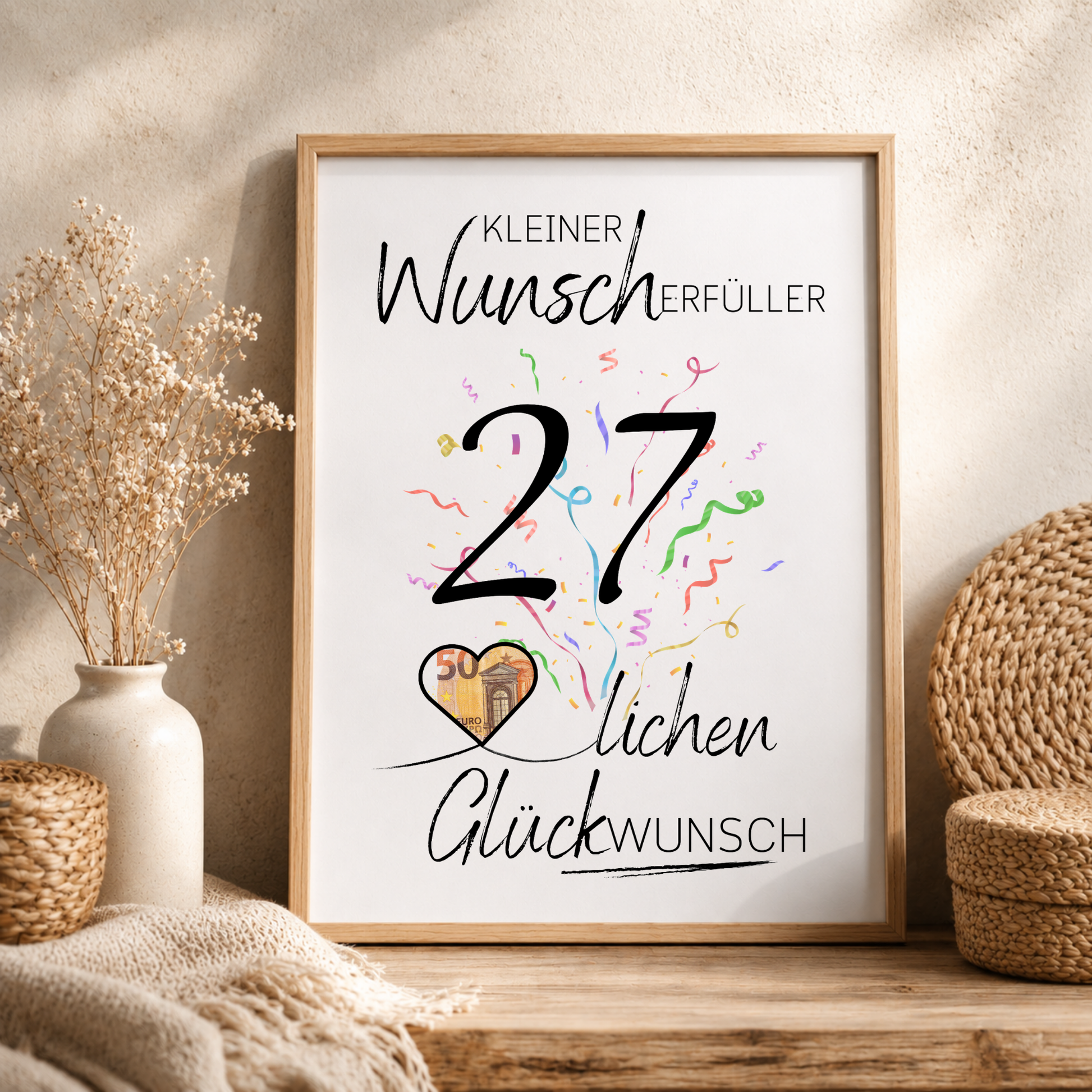 Geldgeschenk 27. Geburtstag Printable mit Konfetti, Herz für Geldschein und Schriftzug Kleiner Wunscherfüller als Digital Download DIN A4