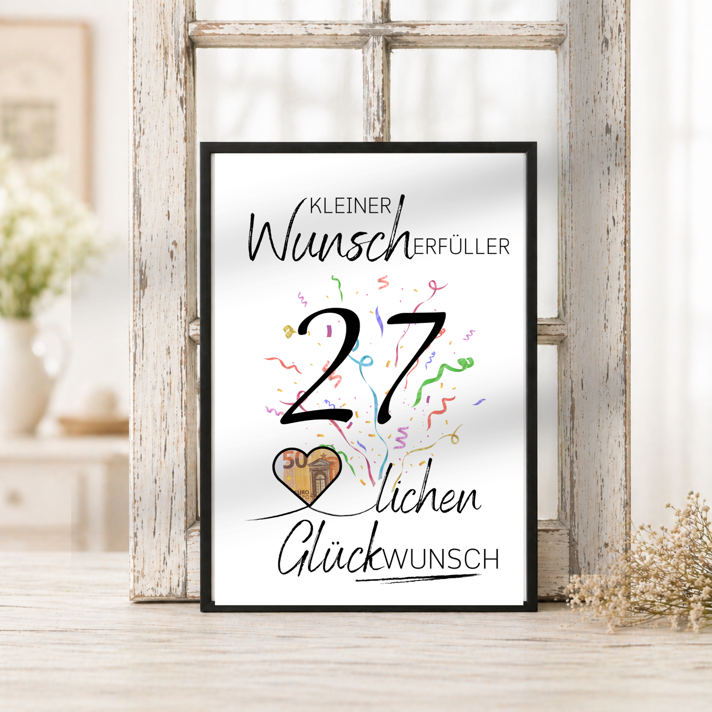 Geldgeschenk 27. Geburtstag Printable mit Konfetti, Herz für Geldschein und Schriftzug Kleiner Wunscherfüller als Digital Download DIN A4