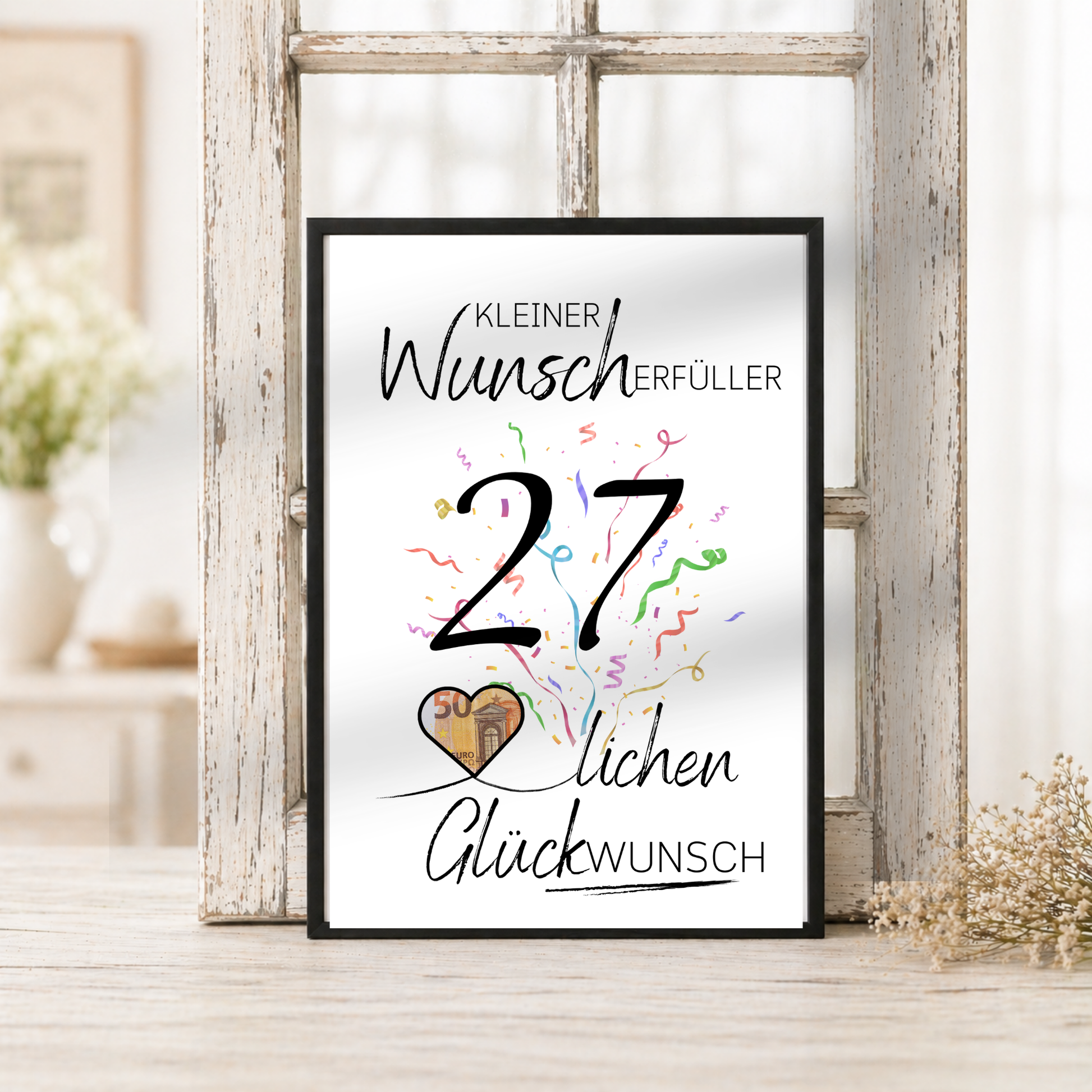 Geldgeschenk 27. Geburtstag Printable mit Konfetti, Herz für Geldschein und Schriftzug Kleiner Wunscherfüller als Digital Download DIN A4