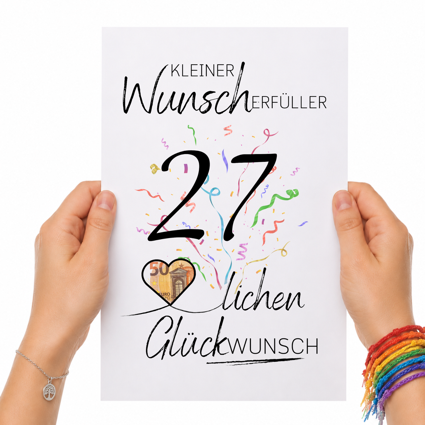 Geldgeschenk 27. Geburtstag Printable mit Konfetti, Herz für Geldschein und Schriftzug Kleiner Wunscherfüller als Digital Download DIN A4