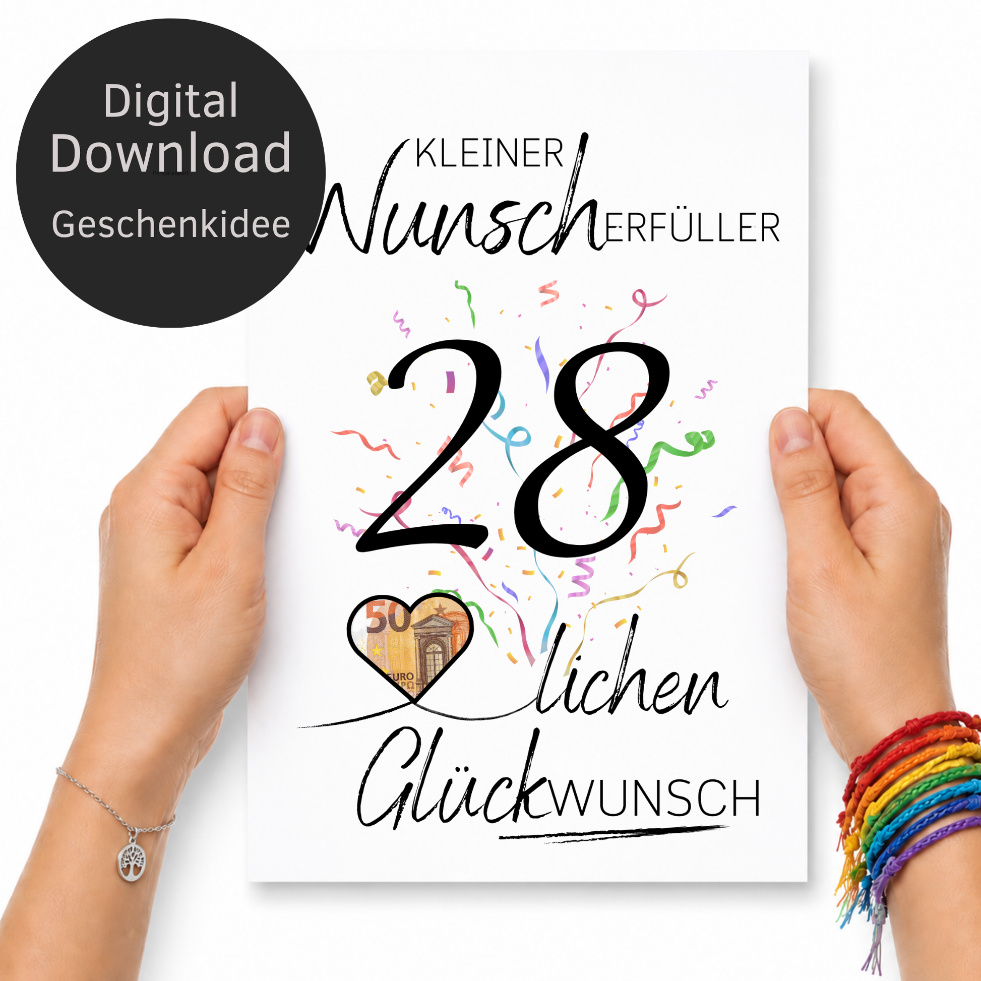 Geldgeschenk 28. Geburtstag Printable mit Konfetti, Herz zum Ausschneiden für Geldschein, Wunscherfüller Glückwunsch Poster DIN A4 zum Ausdrucken