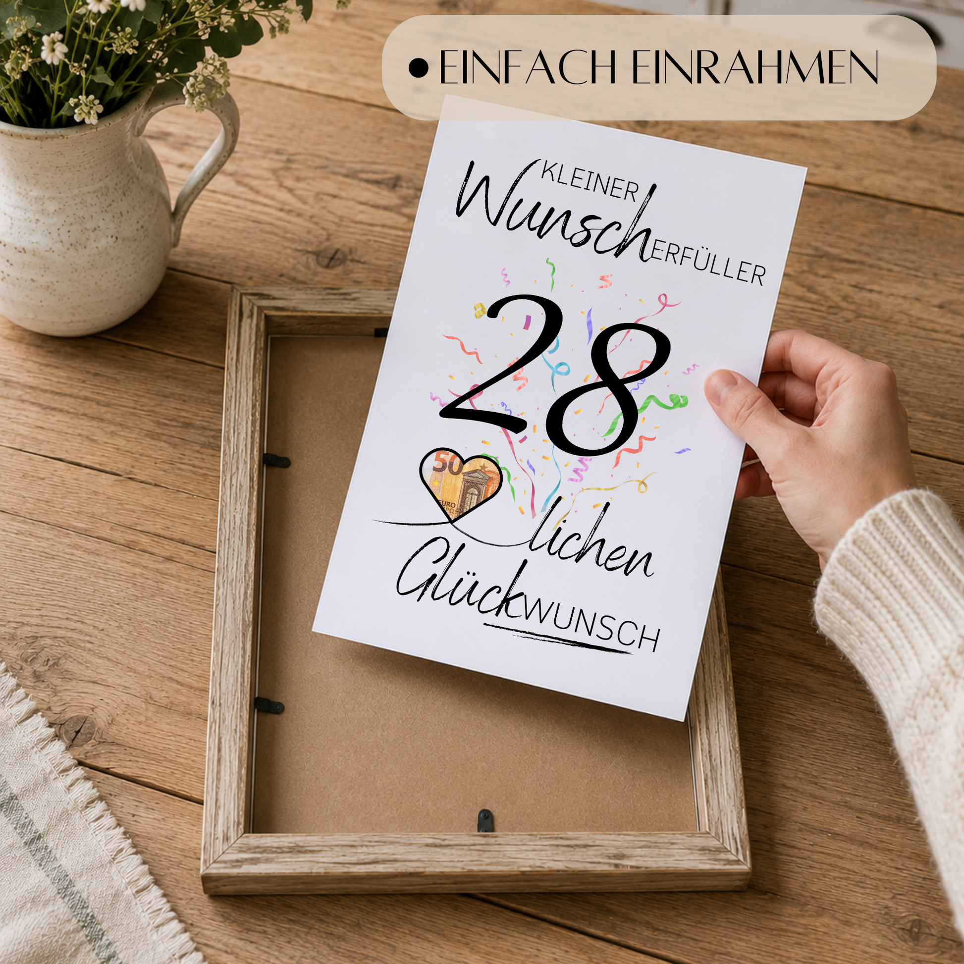 Geldgeschenk 28. Geburtstag Printable mit Konfetti, Herz zum Ausschneiden für Geldschein, Wunscherfüller Glückwunsch Poster DIN A4 zum Ausdrucken