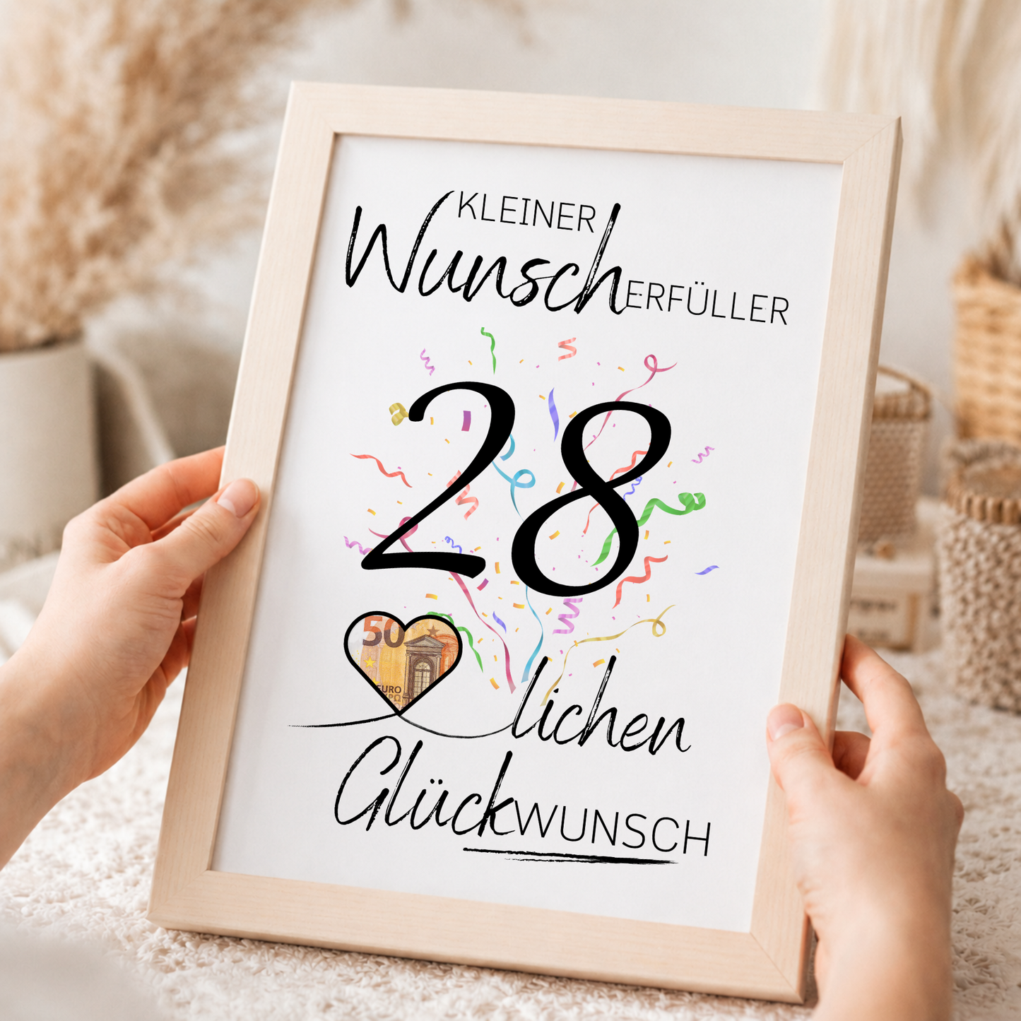 Geldgeschenk 28. Geburtstag Printable mit Konfetti, Herz zum Ausschneiden für Geldschein, Wunscherfüller Glückwunsch Poster DIN A4 zum Ausdrucken