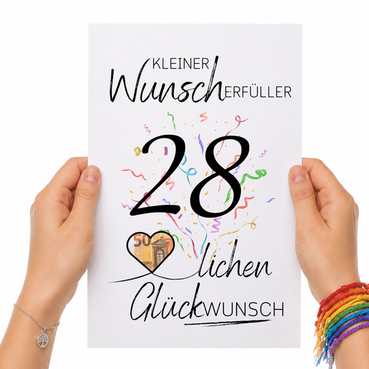 Geldgeschenk 28. Geburtstag Printable mit Konfetti, Herz zum Ausschneiden für Geldschein, Wunscherfüller Glückwunsch Poster DIN A4 zum Ausdrucken