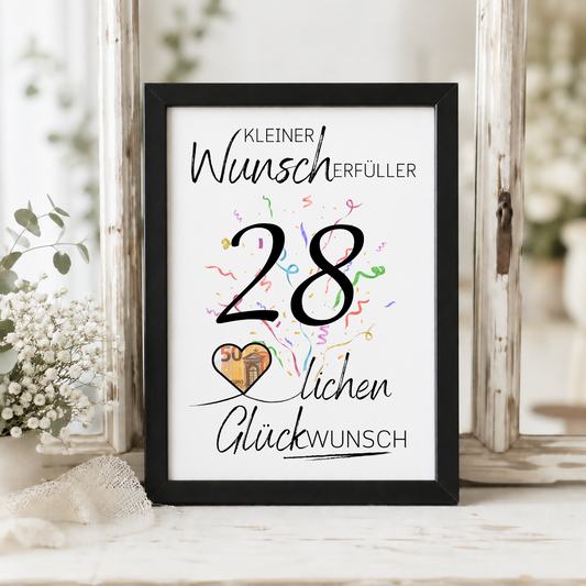 Geldgeschenk 28. Geburtstag Printable mit Konfetti, Herz zum Ausschneiden für Geldschein, Wunscherfüller Glückwunsch Poster DIN A4 zum Ausdrucken