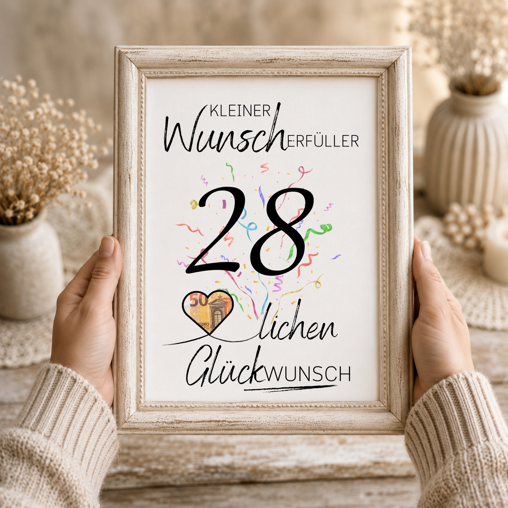Geldgeschenk 28. Geburtstag Printable mit Konfetti, Herz zum Ausschneiden für Geldschein, Wunscherfüller Glückwunsch Poster DIN A4 zum Ausdrucken