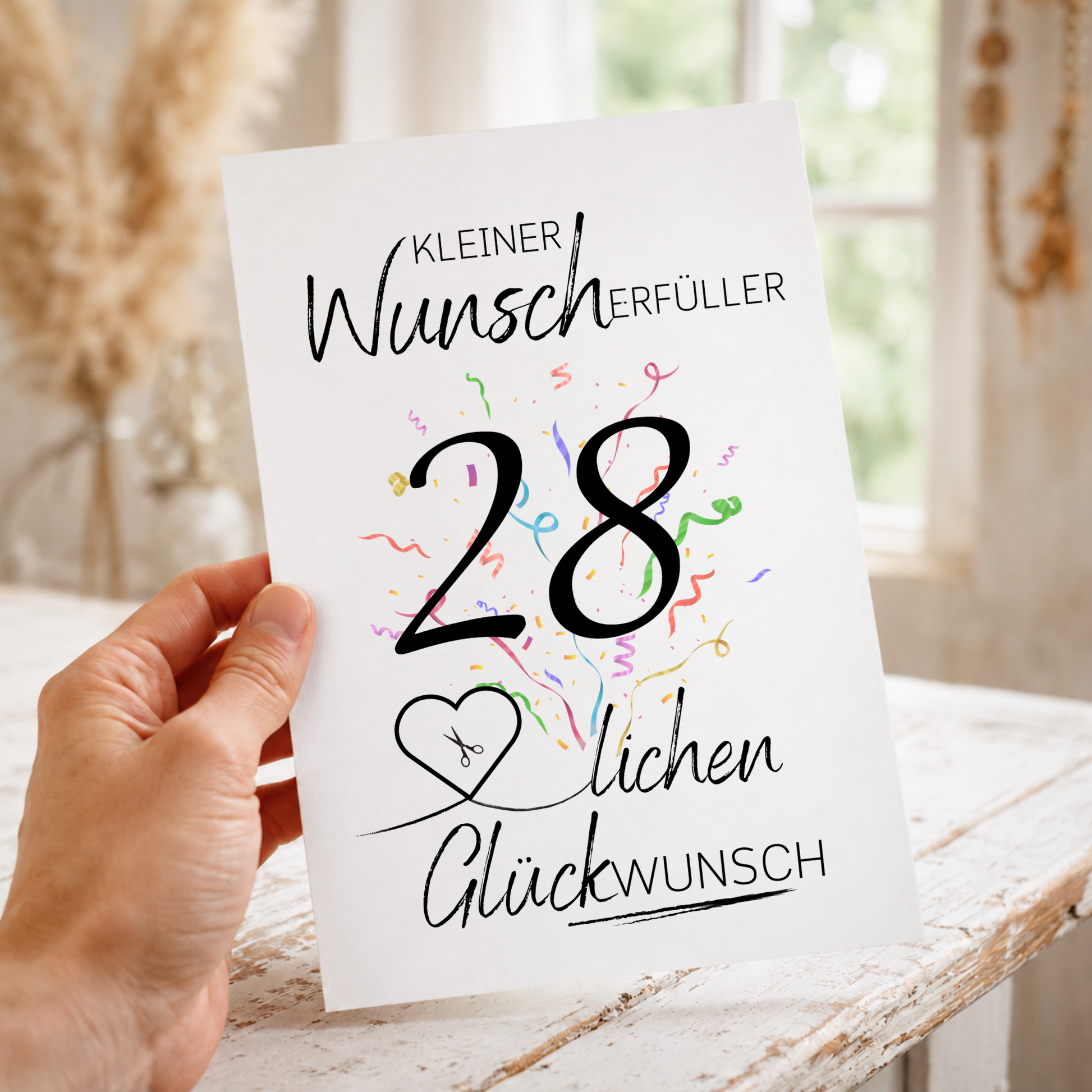Geldgeschenk 28. Geburtstag Printable mit Konfetti, Herz zum Ausschneiden für Geldschein, Wunscherfüller Glückwunsch Poster DIN A4 zum Ausdrucken