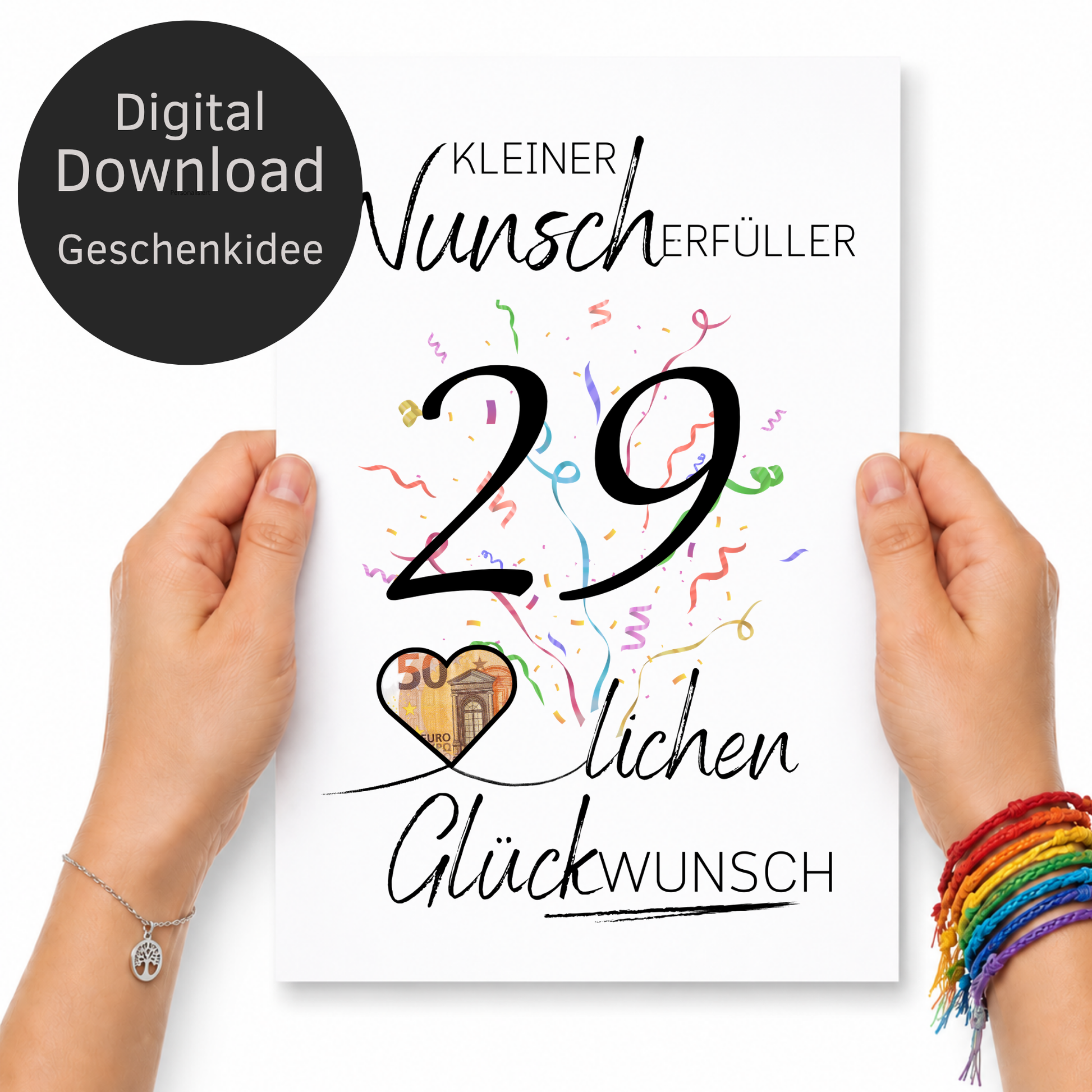 Geldgeschenk 29. Geburtstag Printable mit großem Schriftzug „Kleiner Wunscherfüller“, schwarzer Zahl 29, buntem Konfetti und Herz für Geldschein als Digital Download zum Ausdrucken