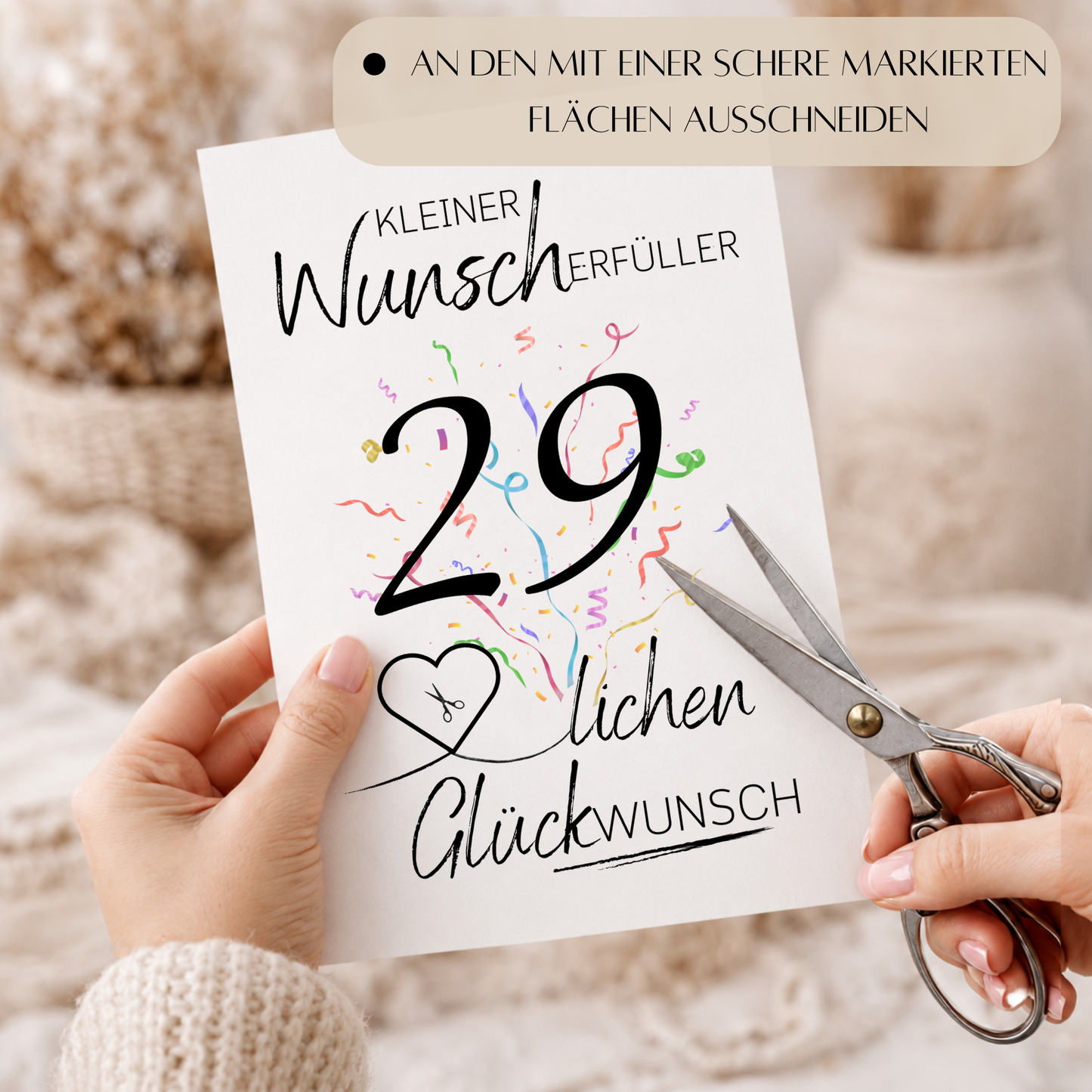 Geldgeschenk 29. Geburtstag Printable mit großem Schriftzug „Kleiner Wunscherfüller“, schwarzer Zahl 29, buntem Konfetti und Herz für Geldschein als Digital Download zum Ausdrucken