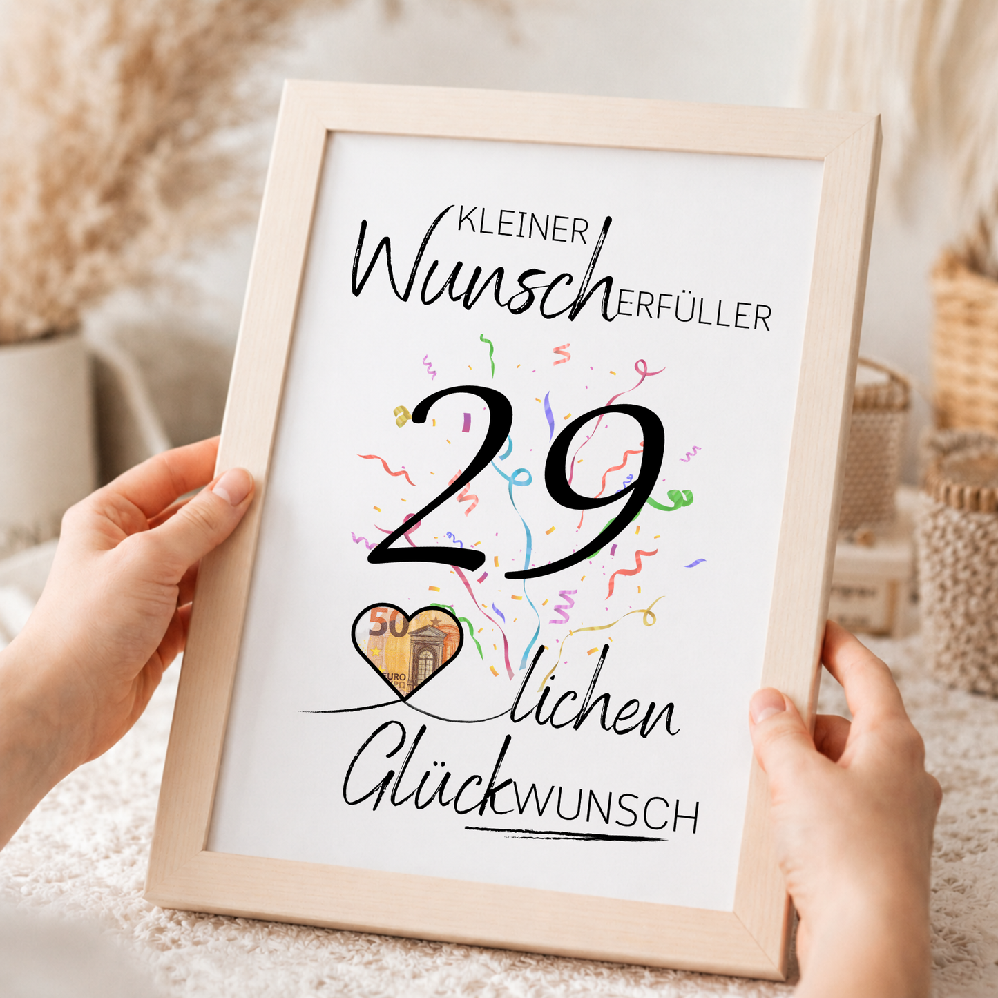Geldgeschenk 29. Geburtstag Printable mit großem Schriftzug „Kleiner Wunscherfüller“, schwarzer Zahl 29, buntem Konfetti und Herz für Geldschein als Digital Download zum Ausdrucken