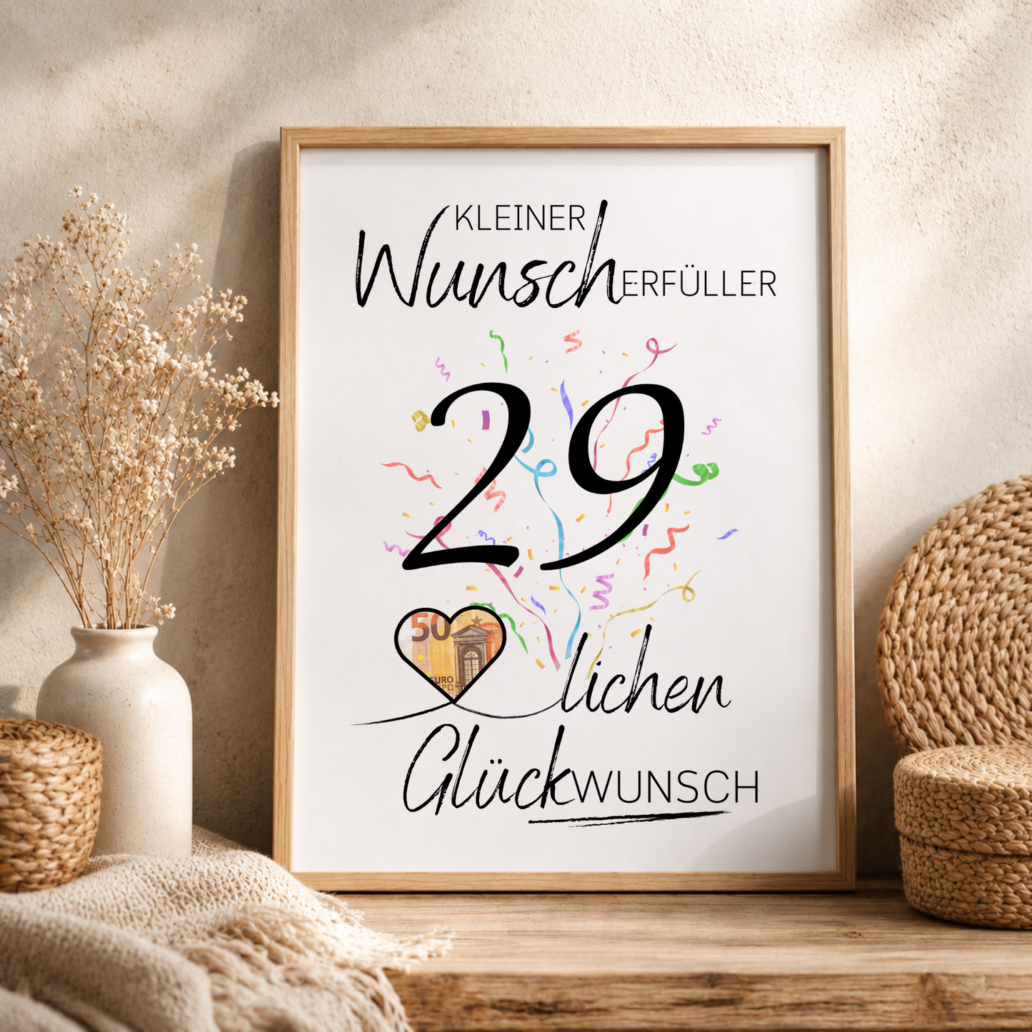 Geldgeschenk 29. Geburtstag Printable mit großem Schriftzug „Kleiner Wunscherfüller“, schwarzer Zahl 29, buntem Konfetti und Herz für Geldschein als Digital Download zum Ausdrucken
