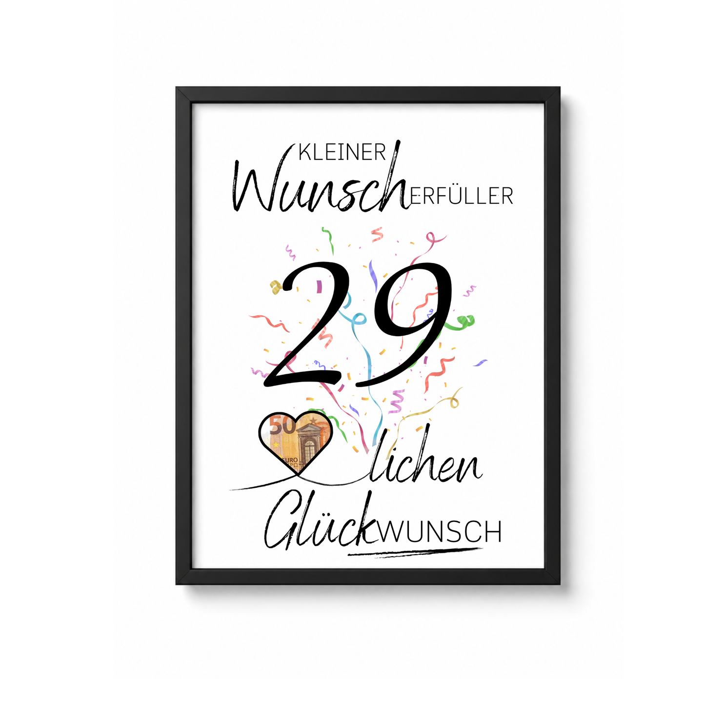 Geldgeschenk 29. Geburtstag Printable mit großem Schriftzug „Kleiner Wunscherfüller“, schwarzer Zahl 29, buntem Konfetti und Herz für Geldschein als Digital Download zum Ausdrucken