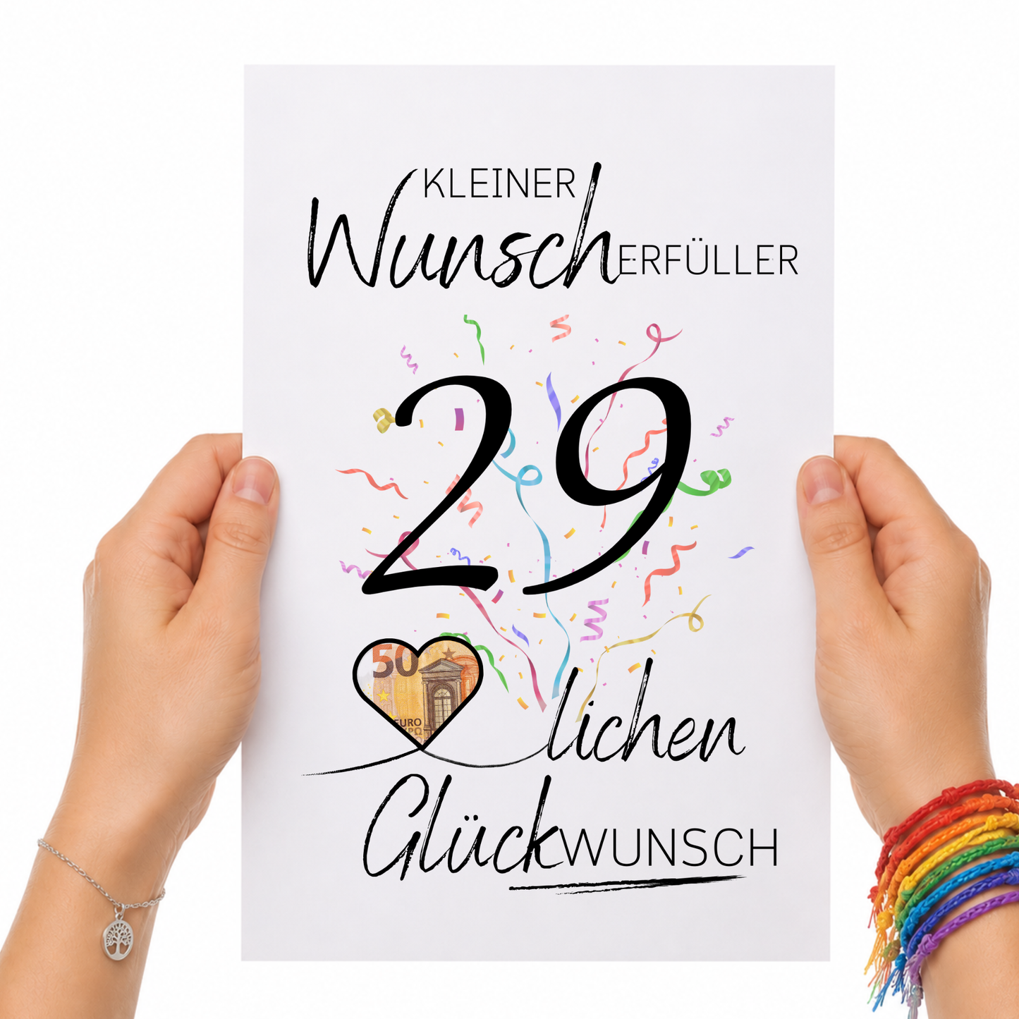 Geldgeschenk 29. Geburtstag Printable mit großem Schriftzug „Kleiner Wunscherfüller“, schwarzer Zahl 29, buntem Konfetti und Herz für Geldschein als Digital Download zum Ausdrucken