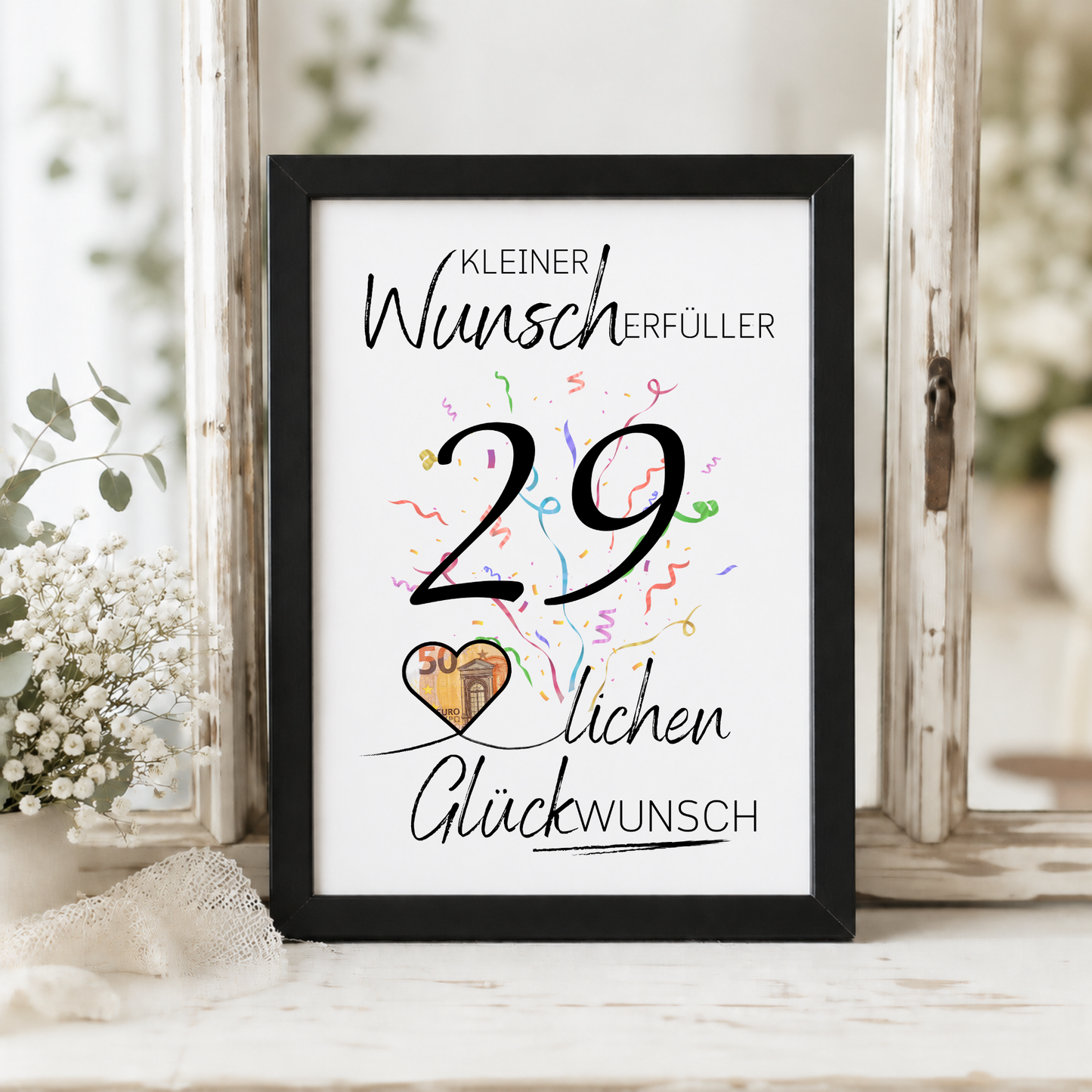 Geldgeschenk 29. Geburtstag Printable mit großem Schriftzug „Kleiner Wunscherfüller“, schwarzer Zahl 29, buntem Konfetti und Herz für Geldschein als Digital Download zum Ausdrucken