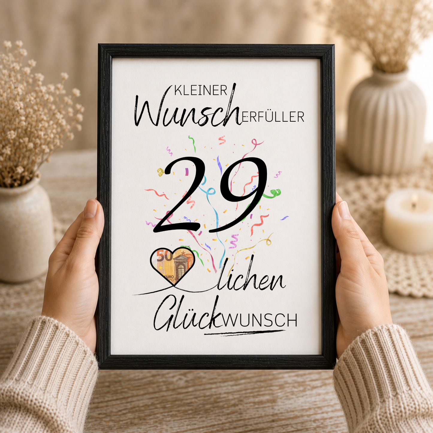 Geldgeschenk 29. Geburtstag Printable mit großem Schriftzug „Kleiner Wunscherfüller“, schwarzer Zahl 29, buntem Konfetti und Herz für Geldschein als Digital Download zum Ausdrucken