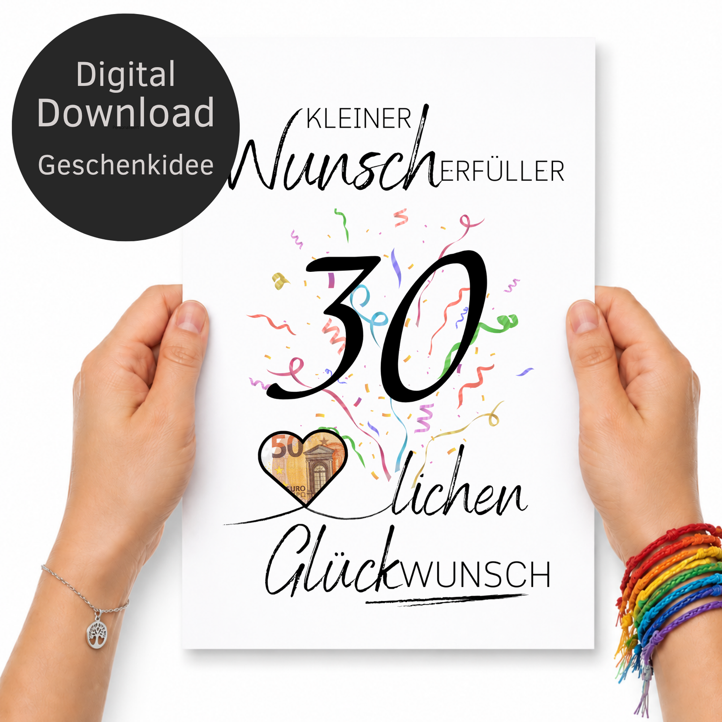 Geldgeschenk 30. Geburtstag Printable mit großer schwarzer Zahl 30, buntem Konfetti, Herz für Geldschein und Schriftzug Kleiner Wunscherfüller Glückwunsch als Digital Download