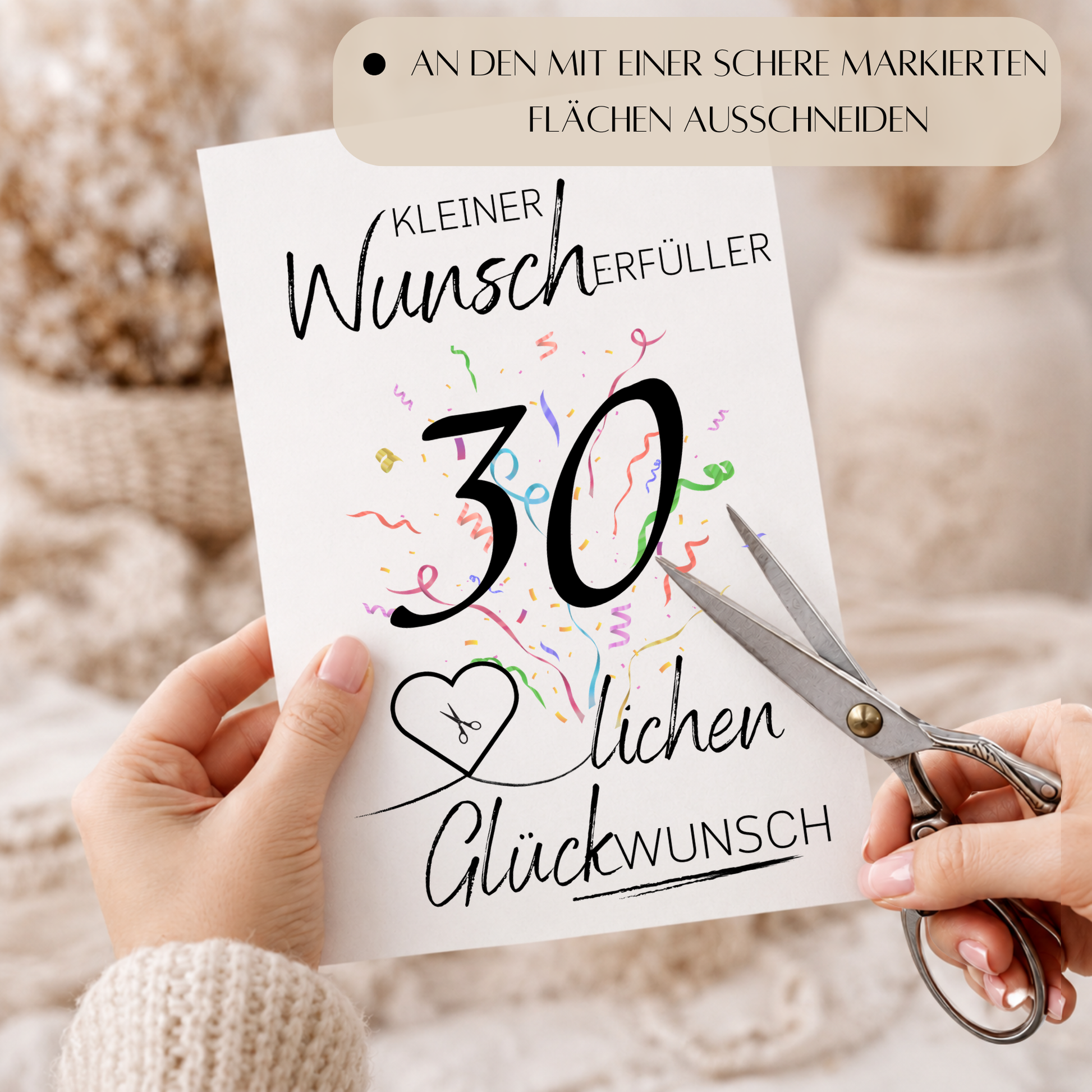 Geldgeschenk 30. Geburtstag Printable mit großer schwarzer Zahl 30, buntem Konfetti, Herz für Geldschein und Schriftzug Kleiner Wunscherfüller Glückwunsch als Digital Download