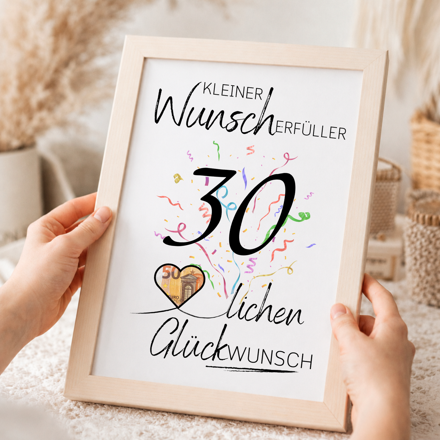 Geldgeschenk 30. Geburtstag Printable mit großer schwarzer Zahl 30, buntem Konfetti, Herz für Geldschein und Schriftzug Kleiner Wunscherfüller Glückwunsch als Digital Download