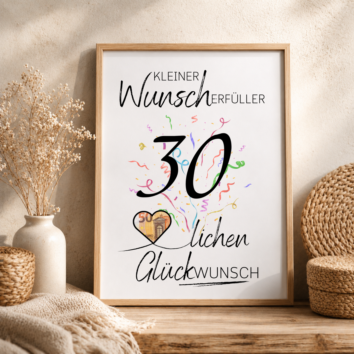 Geldgeschenk 30. Geburtstag Printable mit großer schwarzer Zahl 30, buntem Konfetti, Herz für Geldschein und Schriftzug Kleiner Wunscherfüller Glückwunsch als Digital Download