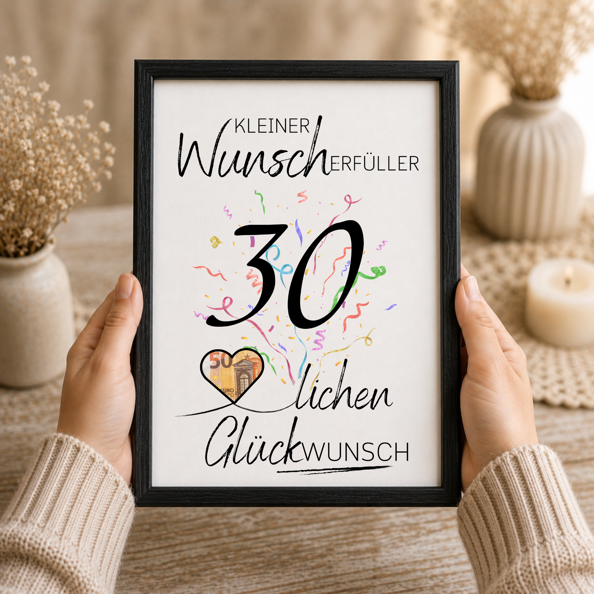 Geldgeschenk 30. Geburtstag Printable mit großer schwarzer Zahl 30, buntem Konfetti, Herz für Geldschein und Schriftzug Kleiner Wunscherfüller Glückwunsch als Digital Download