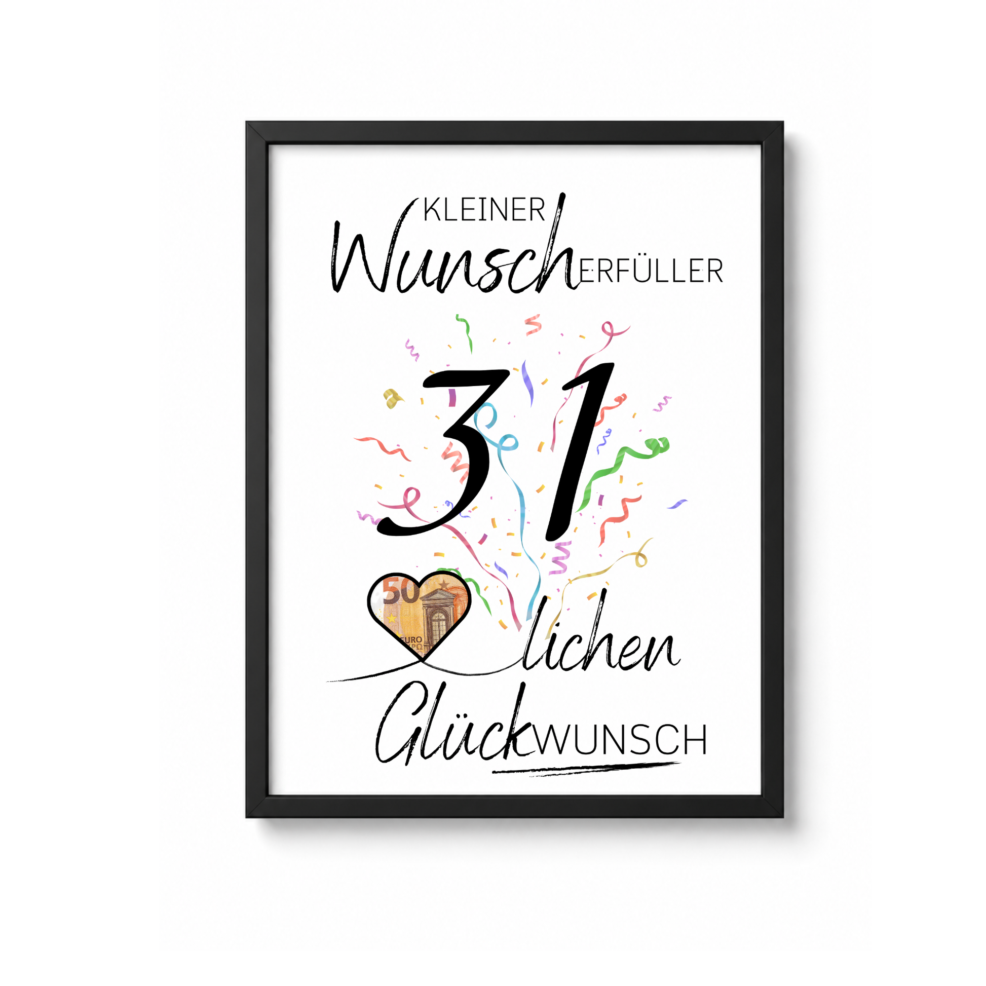 Geldgeschenk 31. Geburtstag Printable mit Konfetti, großer Zahl 31, Herz für Geldschein und Schriftzug Kleiner Wunscherfüller Glückwunsch als PDF Download