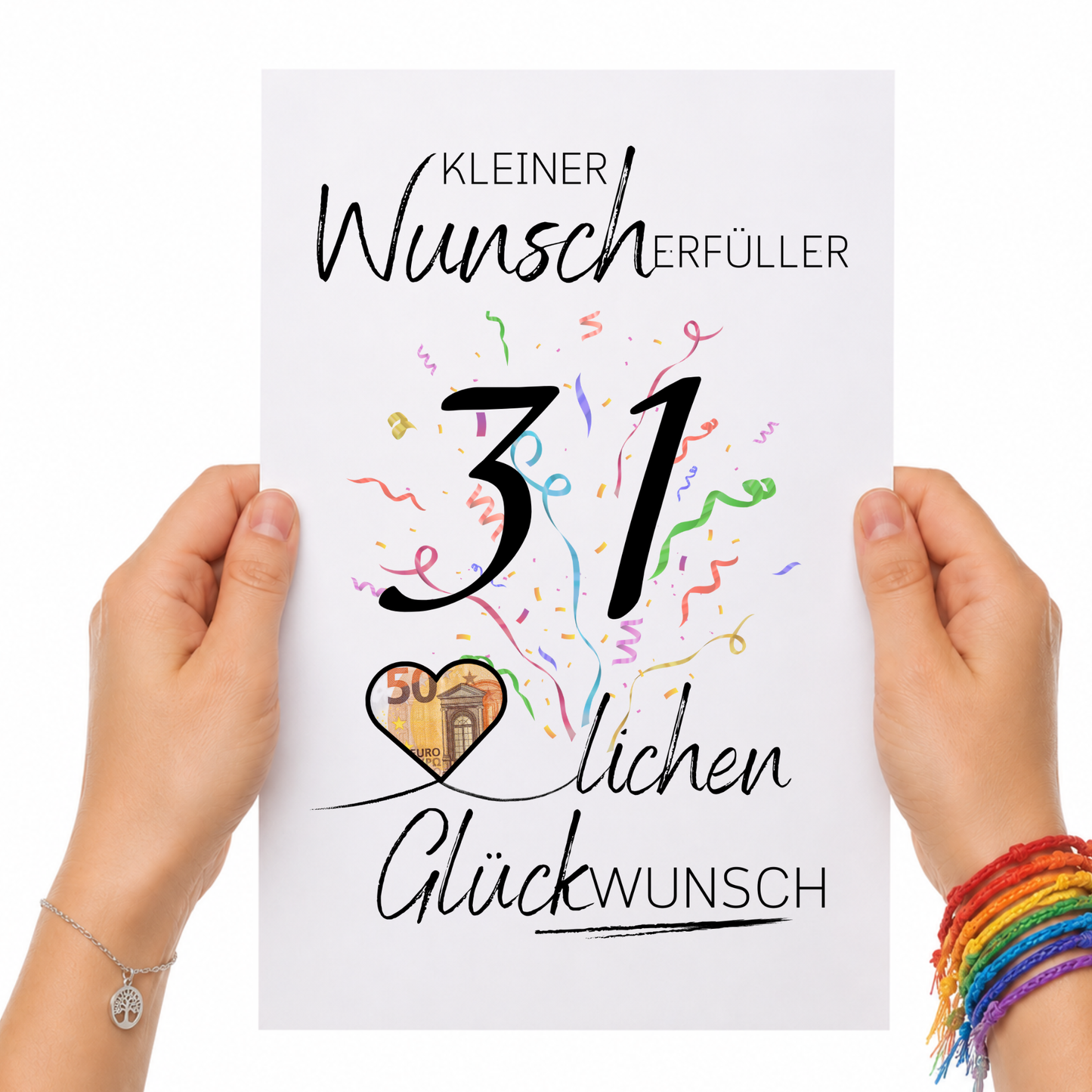 Geldgeschenk 31. Geburtstag Printable mit Konfetti, großer Zahl 31, Herz für Geldschein und Schriftzug Kleiner Wunscherfüller Glückwunsch als PDF Download