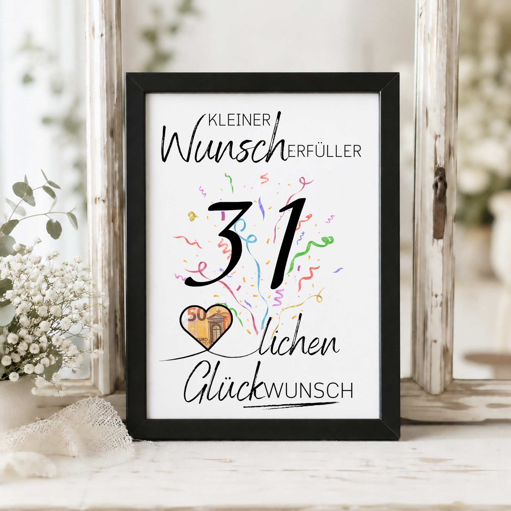 Geldgeschenk 31. Geburtstag Printable mit Konfetti, großer Zahl 31, Herz für Geldschein und Schriftzug Kleiner Wunscherfüller Glückwunsch als PDF Download