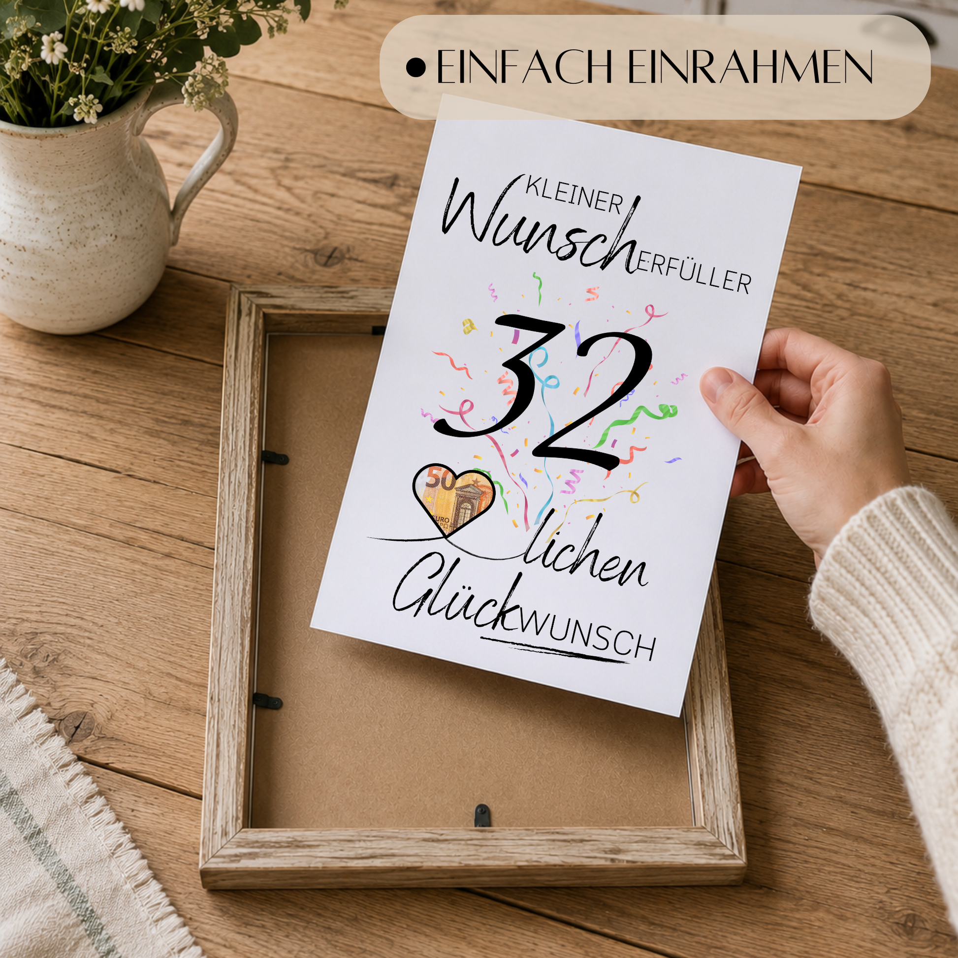 Geldgeschenk 32. Geburtstag Printable mit Schriftzug Kleiner Wunscherfüller, großer Zahl 32, buntem Konfetti und Herz für Geldschein als Digital Download zum Ausdrucken