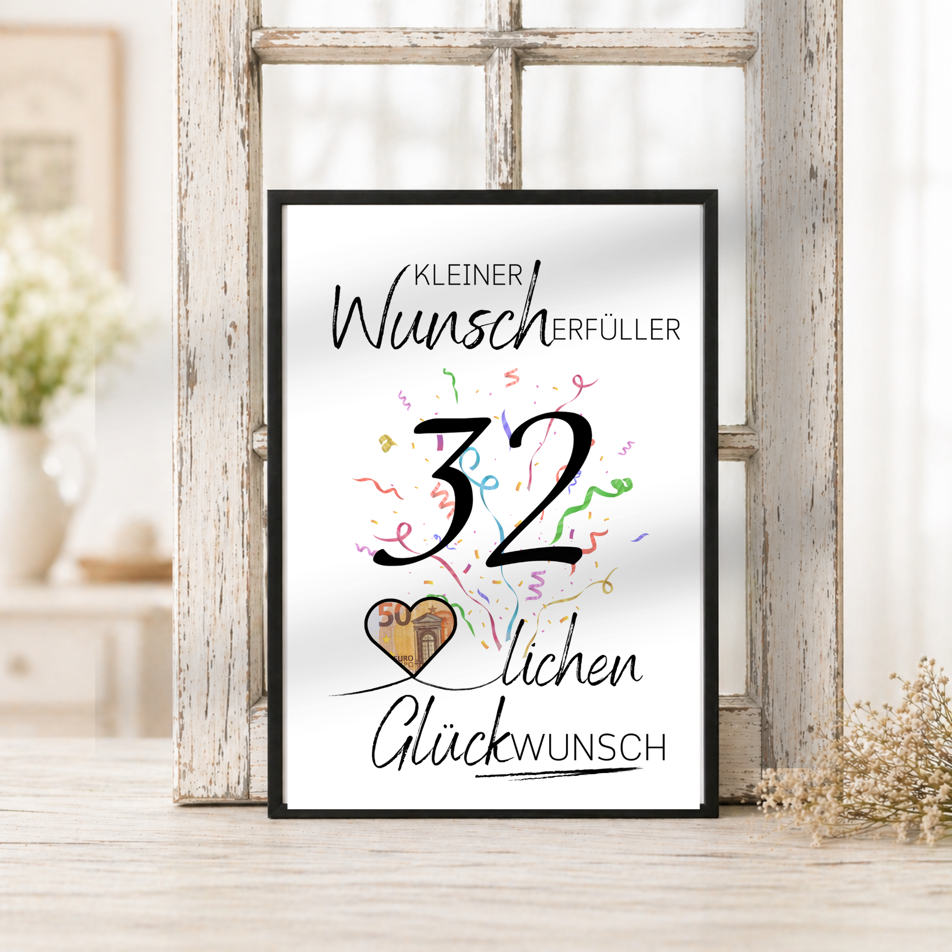Geldgeschenk 32. Geburtstag Printable mit Schriftzug Kleiner Wunscherfüller, großer Zahl 32, buntem Konfetti und Herz für Geldschein als Digital Download zum Ausdrucken