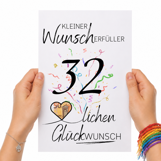 Geldgeschenk 32. Geburtstag Printable mit Schriftzug Kleiner Wunscherfüller, großer Zahl 32, buntem Konfetti und Herz für Geldschein als Digital Download zum Ausdrucken