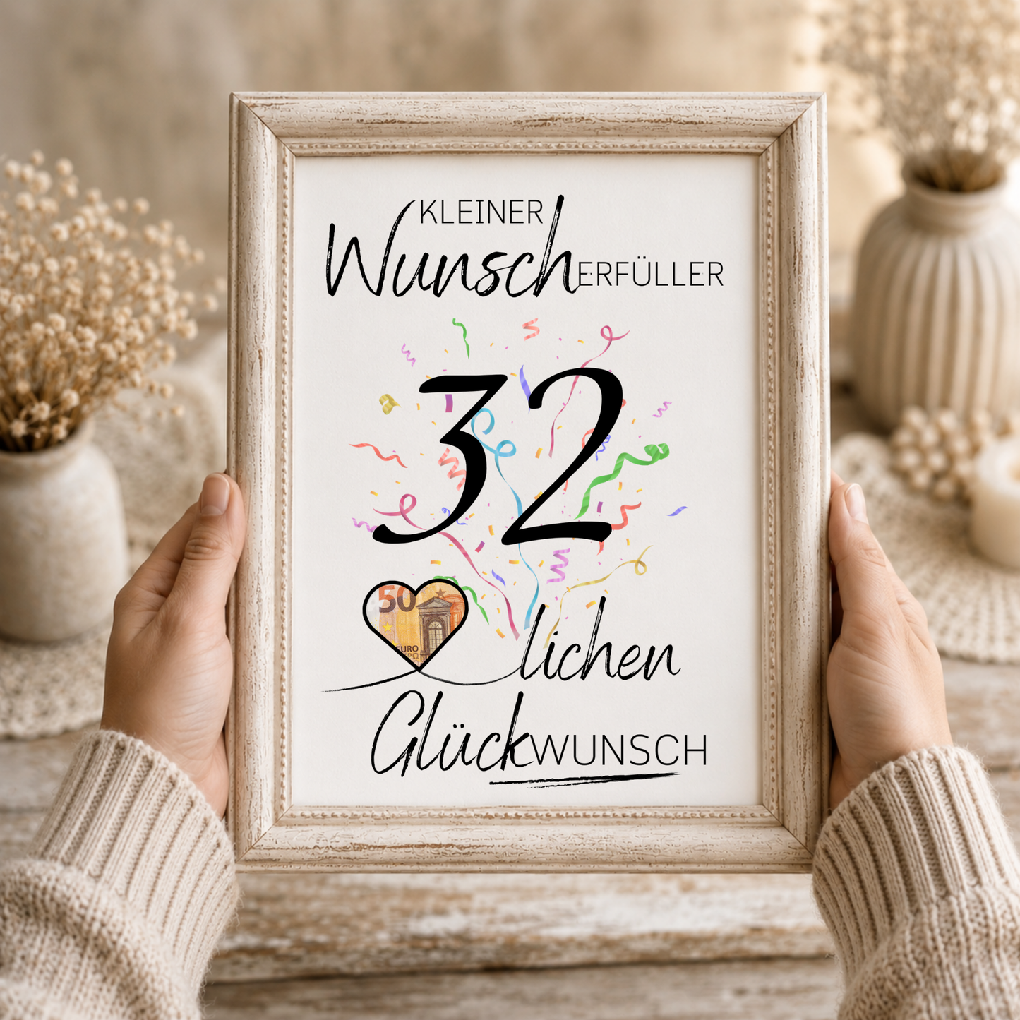 Geldgeschenk 32. Geburtstag Printable mit Schriftzug Kleiner Wunscherfüller, großer Zahl 32, buntem Konfetti und Herz für Geldschein als Digital Download zum Ausdrucken