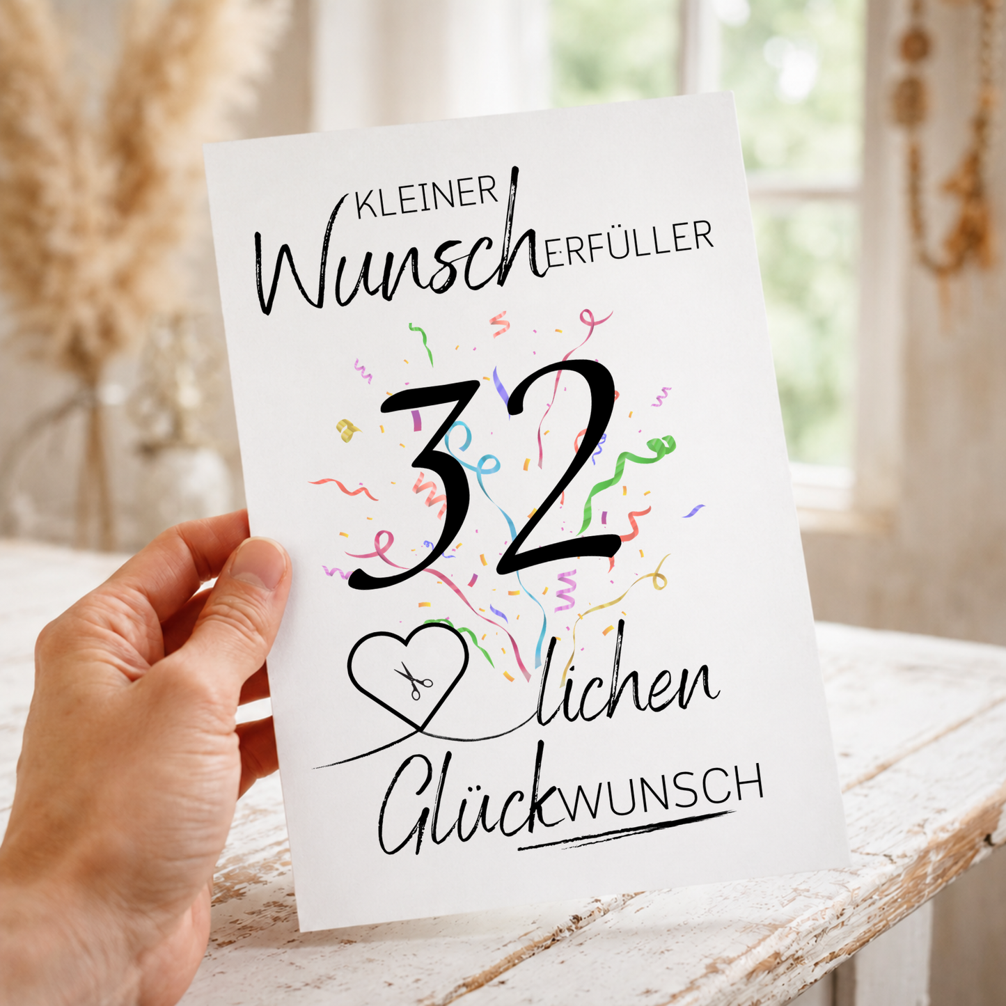 Geldgeschenk 32. Geburtstag Printable mit Schriftzug Kleiner Wunscherfüller, großer Zahl 32, buntem Konfetti und Herz für Geldschein als Digital Download zum Ausdrucken