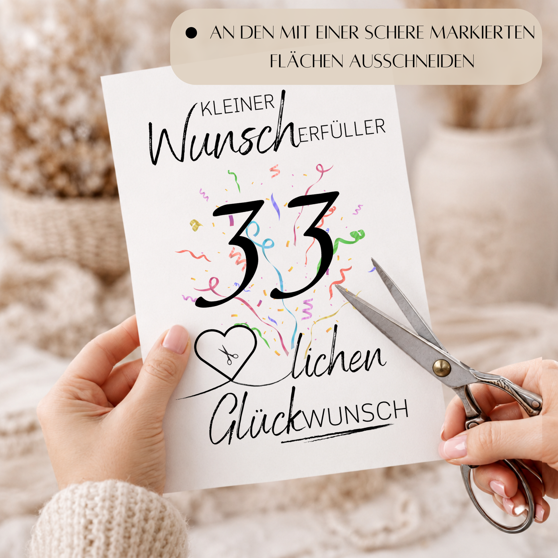 Geldgeschenk 33. Geburtstag Printable mit schwarzer Typografie, buntem Konfetti und Herz für Geldschein als Wunscherfüller zum Ausdrucken im DIN A4 Format