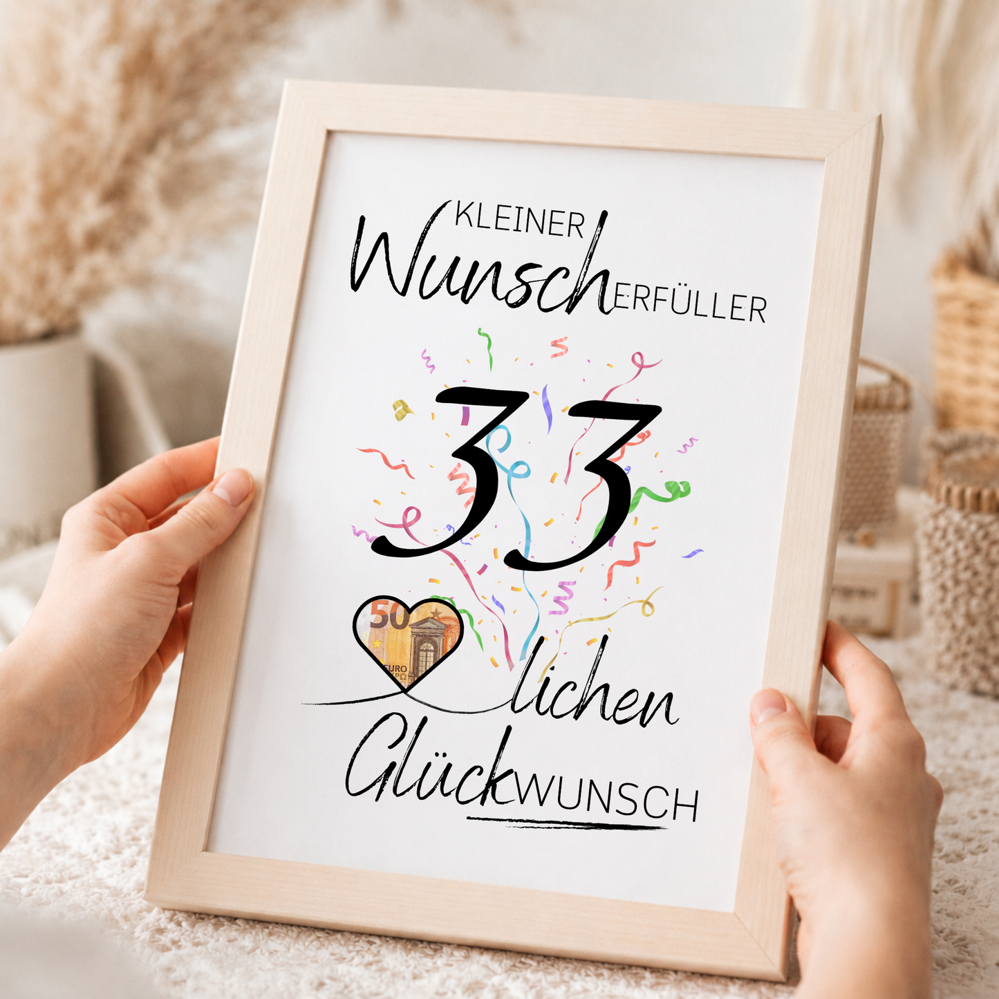Geldgeschenk 33. Geburtstag Printable mit schwarzer Typografie, buntem Konfetti und Herz für Geldschein als Wunscherfüller zum Ausdrucken im DIN A4 Format