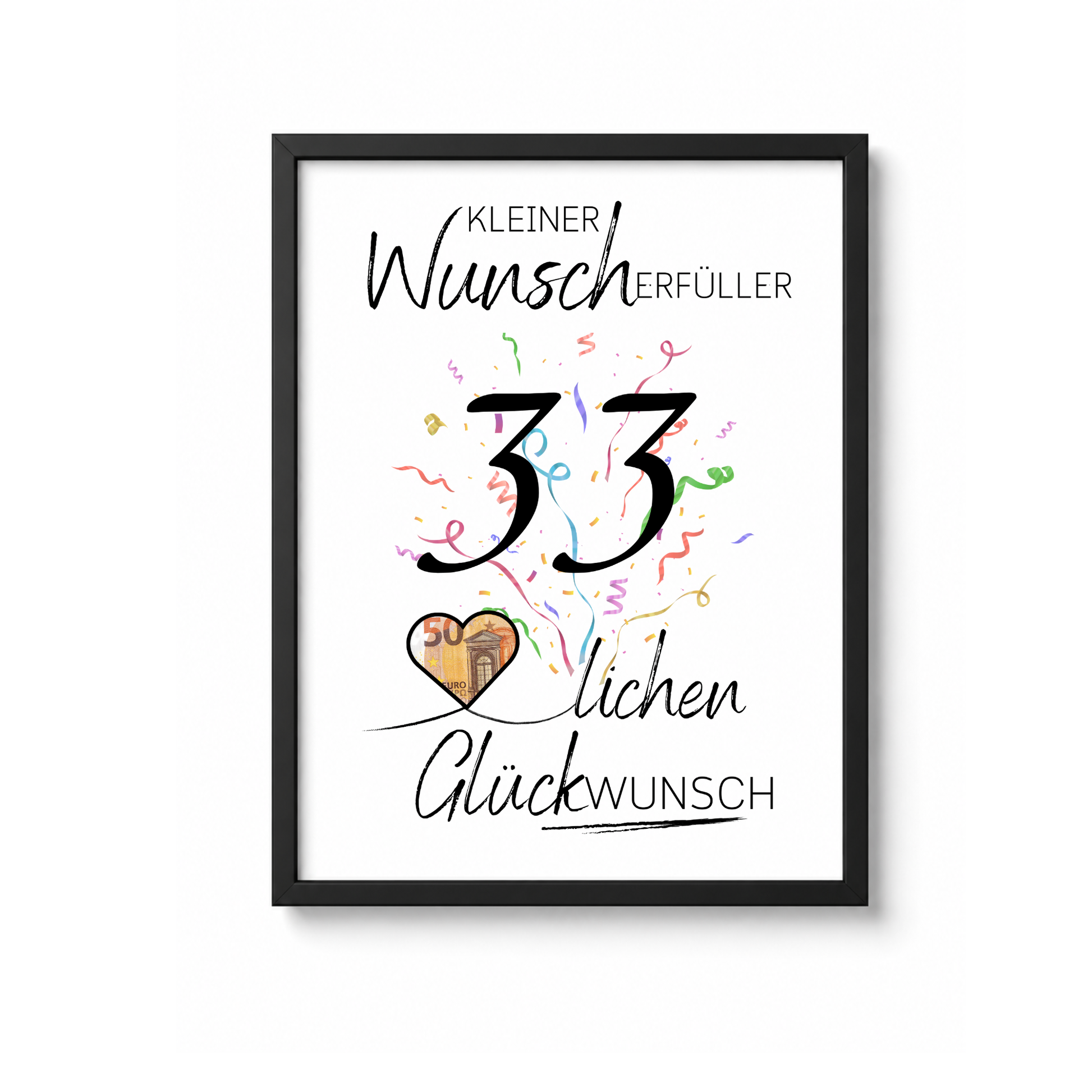 Geldgeschenk 33. Geburtstag Printable mit schwarzer Typografie, buntem Konfetti und Herz für Geldschein als Wunscherfüller zum Ausdrucken im DIN A4 Format