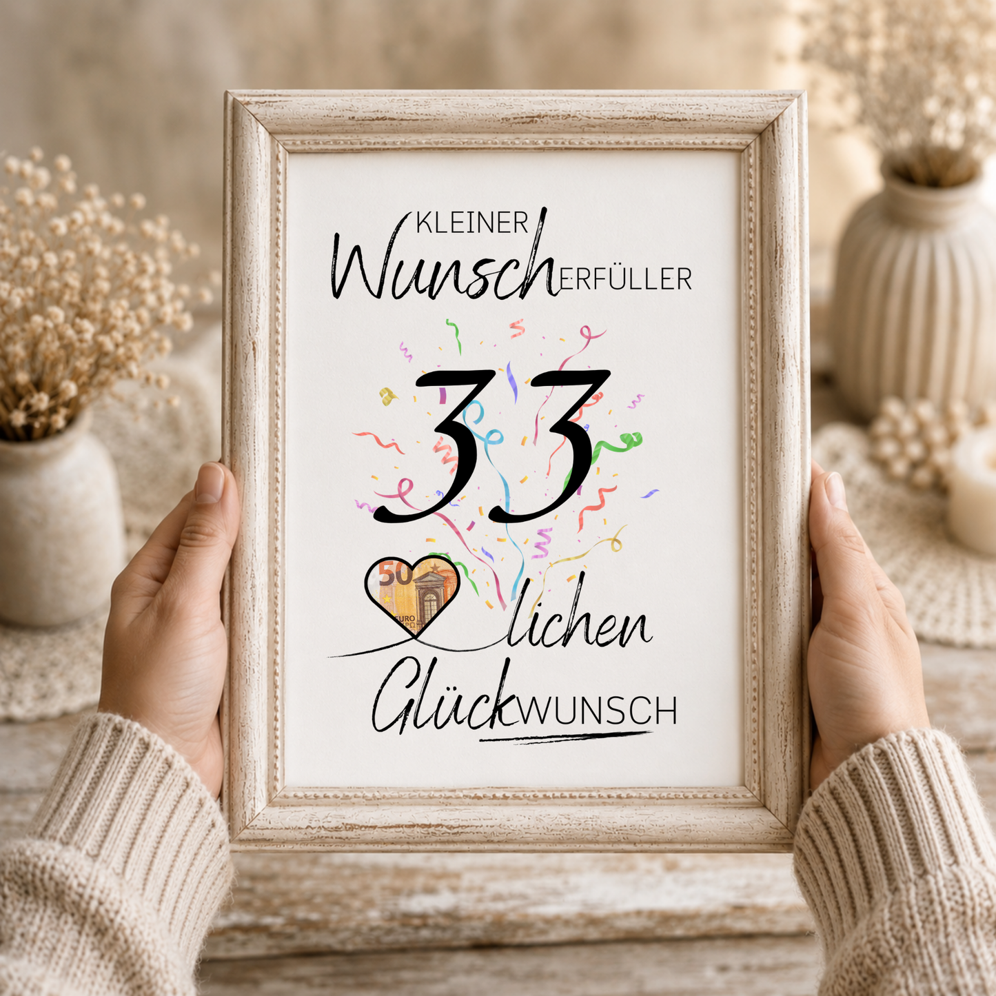 Geldgeschenk 33. Geburtstag Printable mit schwarzer Typografie, buntem Konfetti und Herz für Geldschein als Wunscherfüller zum Ausdrucken im DIN A4 Format