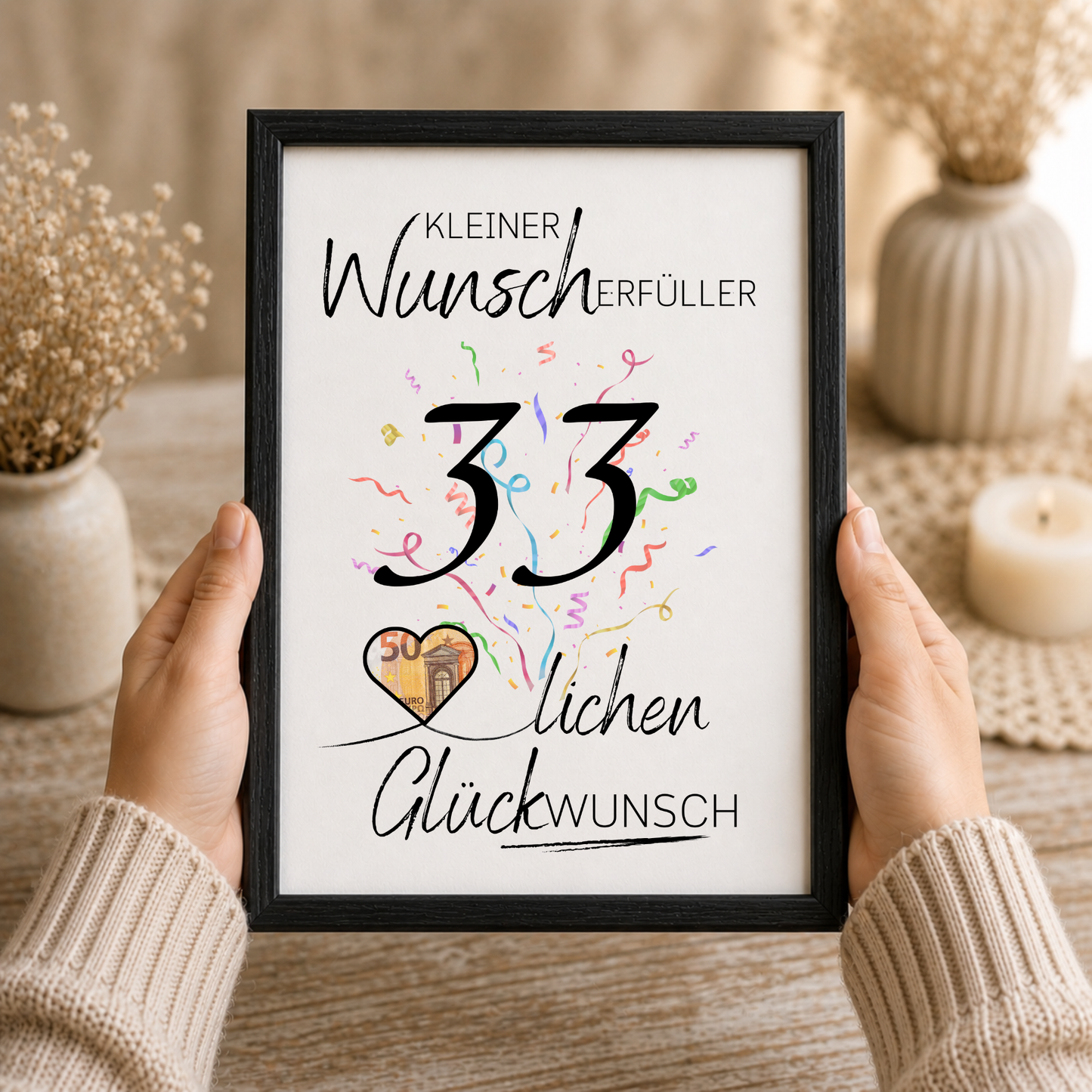 Geldgeschenk 33. Geburtstag Printable mit schwarzer Typografie, buntem Konfetti und Herz für Geldschein als Wunscherfüller zum Ausdrucken im DIN A4 Format